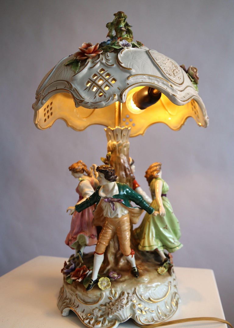 Large Rococo Table Lamp with Porcelain Shade by Capodimonte, Italy For