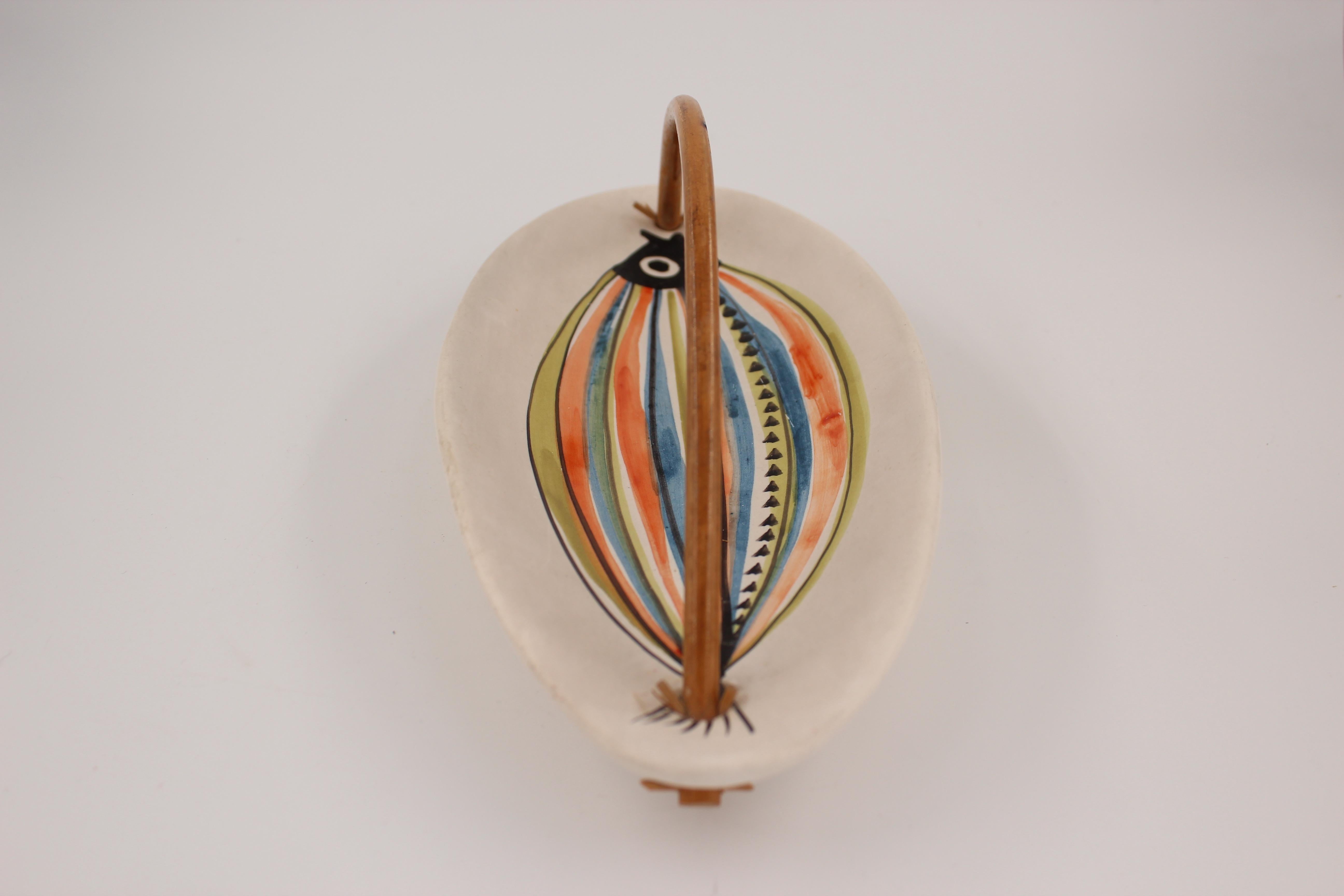 Large Roger Capron Decorative Dish with Bamboo Handle, Vallauris, France, 1950s 5