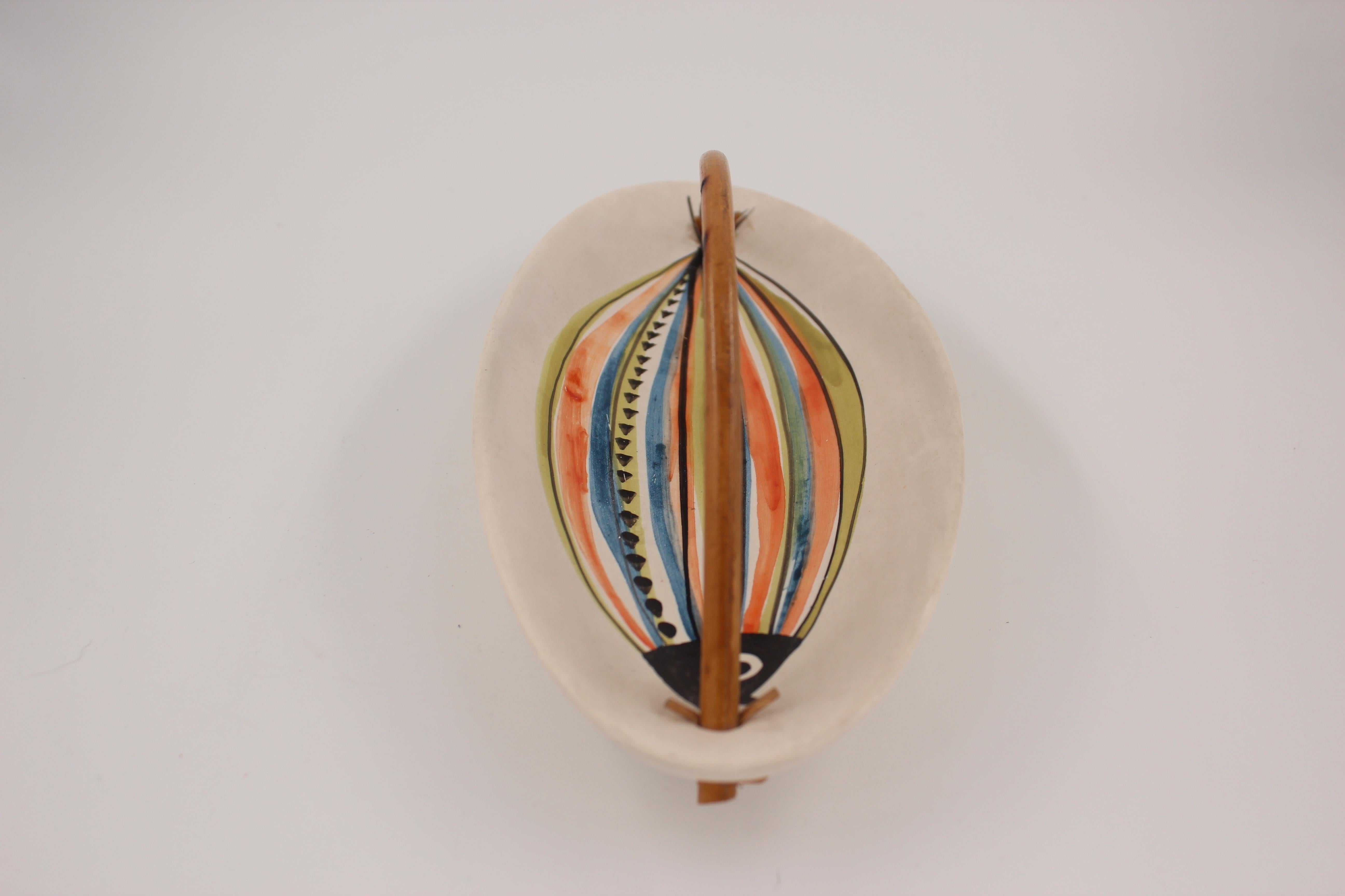 Large Roger Capron Decorative Dish with Bamboo Handle, Vallauris, France, 1950s 6