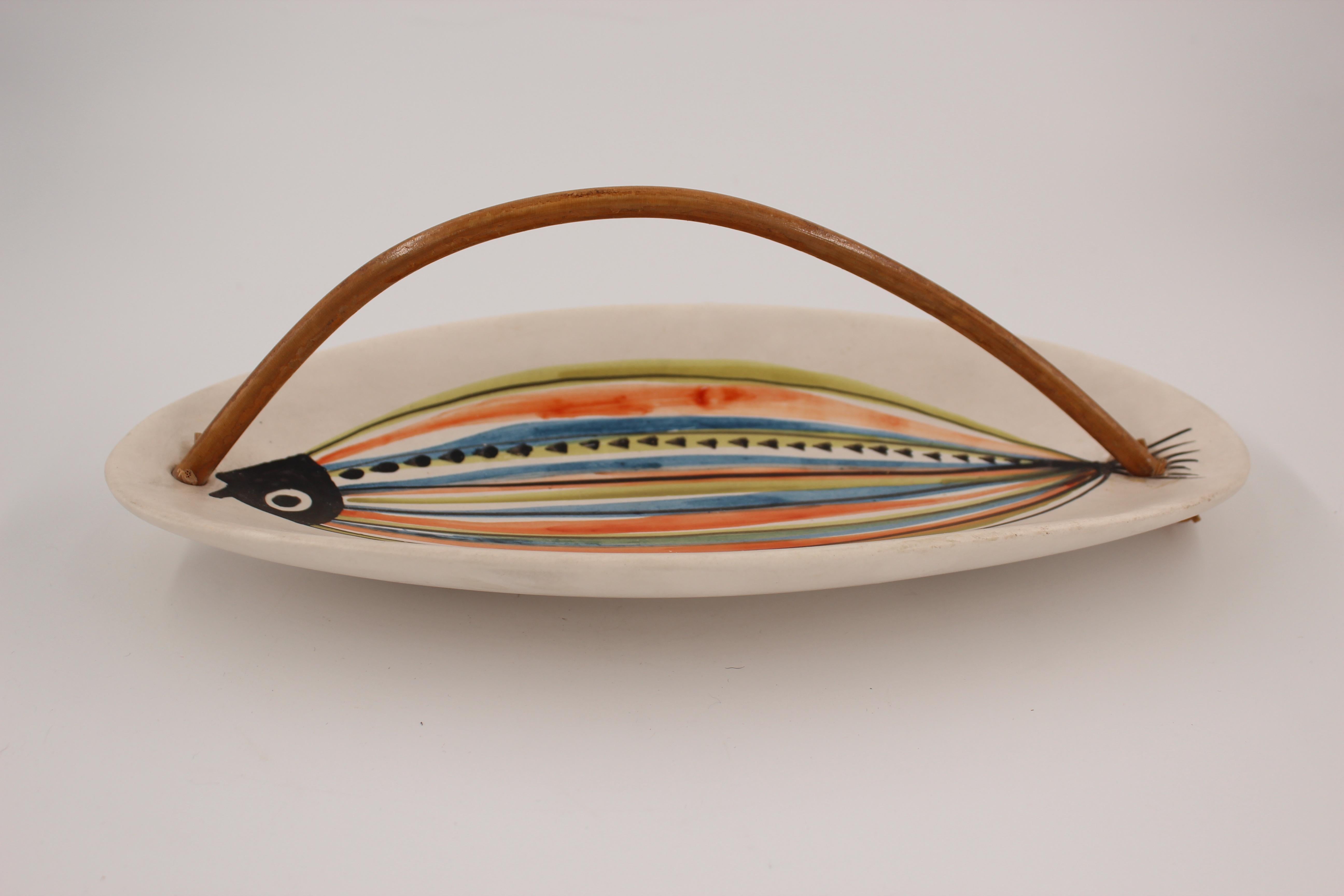 Mid-Century Modern Large Roger Capron Decorative Dish with Bamboo Handle, Vallauris, France, 1950s