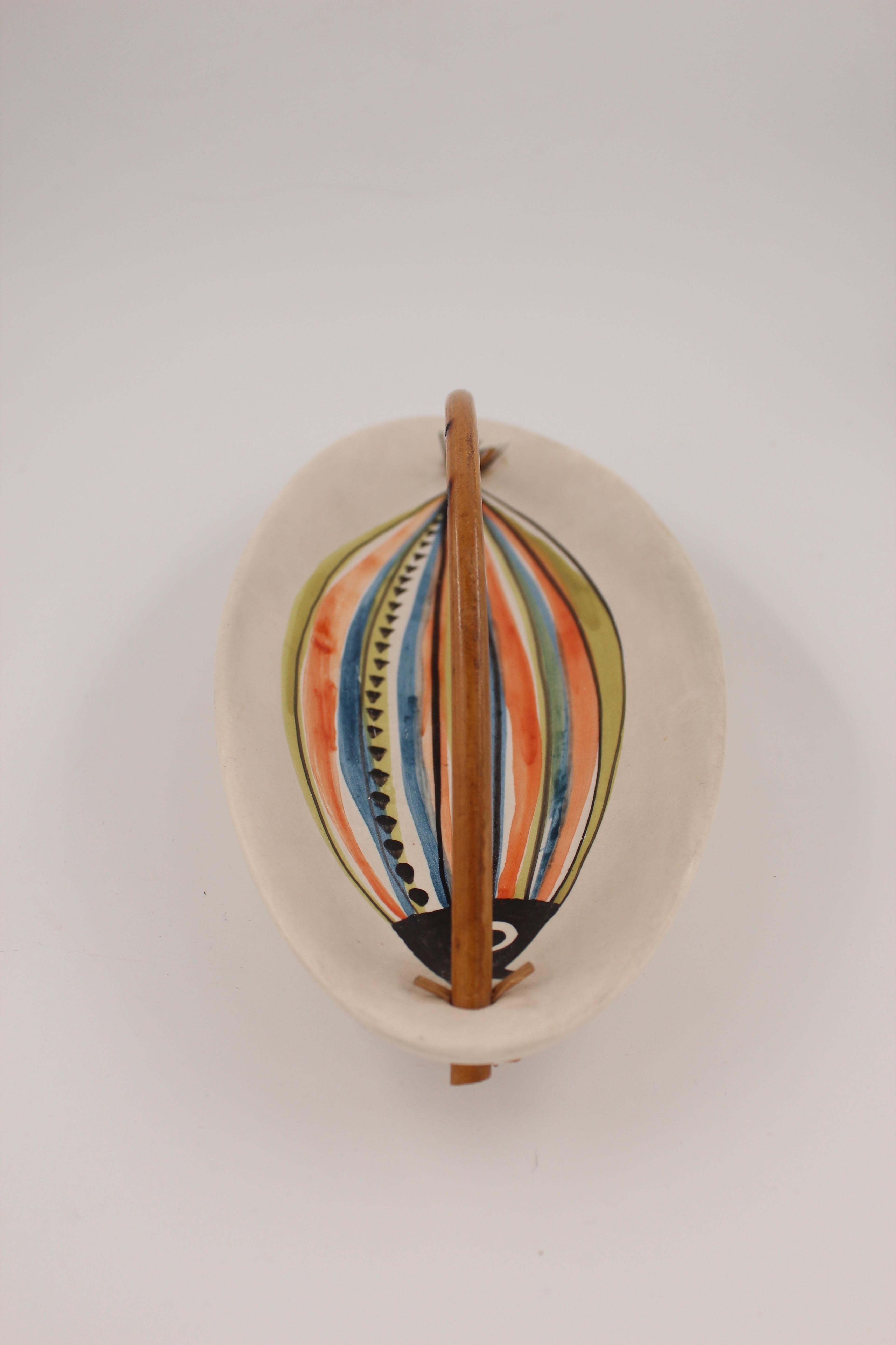French Large Roger Capron Decorative Dish with Bamboo Handle, Vallauris, France, 1950s
