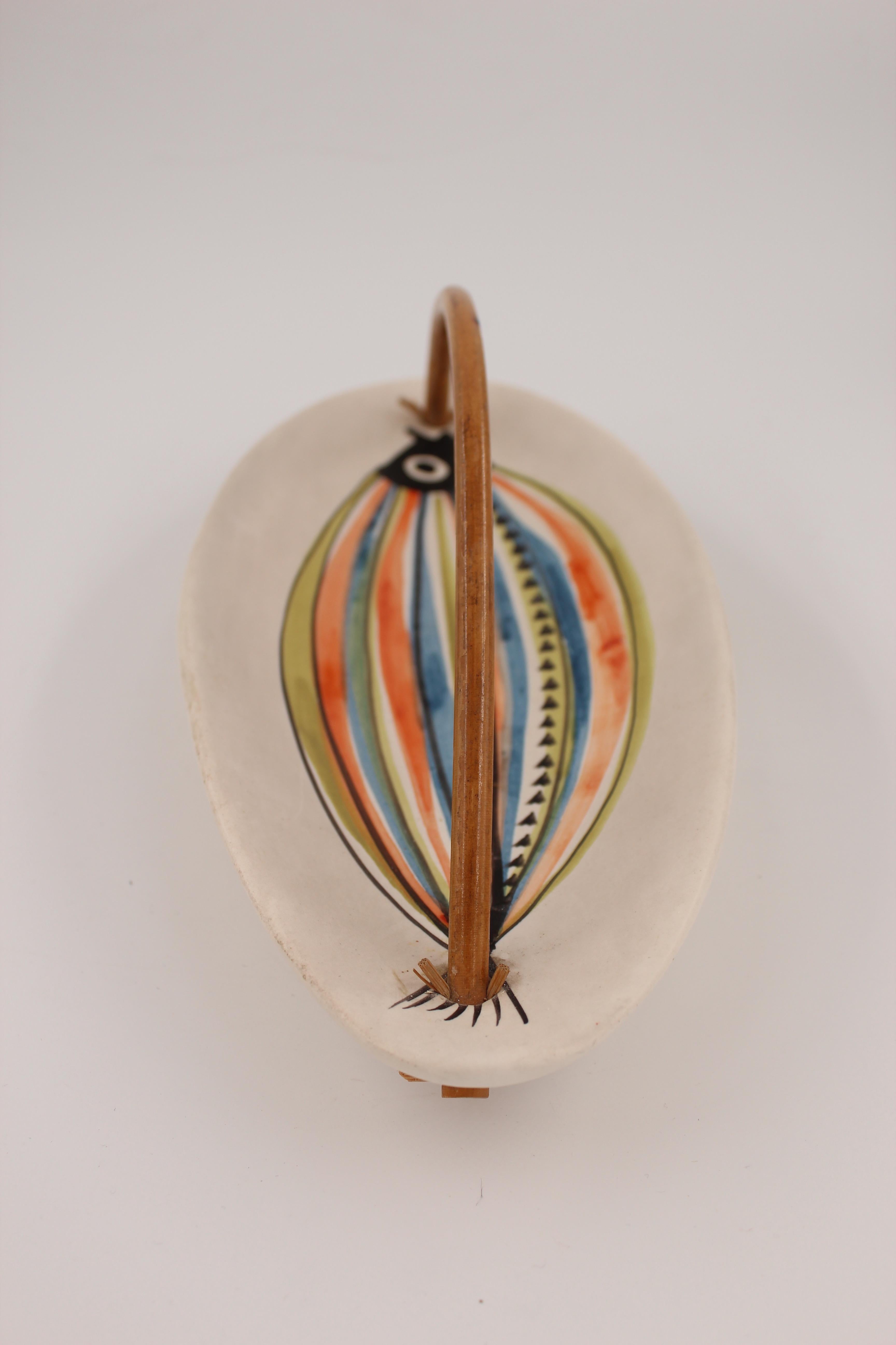 Large Roger Capron Decorative Dish with Bamboo Handle, Vallauris, France, 1950s In Good Condition In Santa Gertrudis, Baleares
