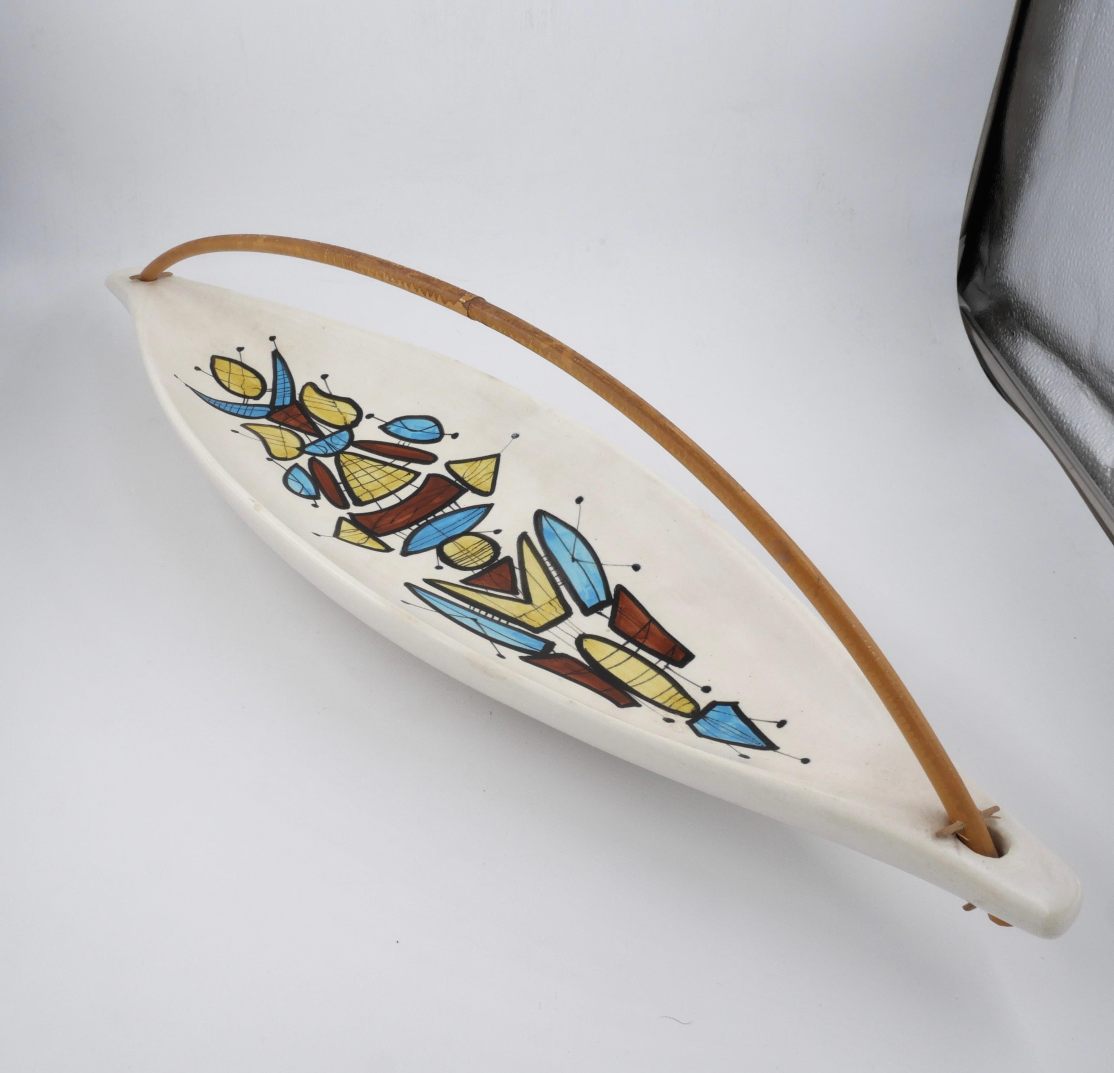 Roger Capron (1922-2006) decorative dish with bamboo handle

Signed Capron, Vallauris, 1950s.

Roger Capron was born in Vincennes, France on September 4, 1922. Interested in drawing, he studied Applied Arts in Paris from 1939 to 1943 and worked