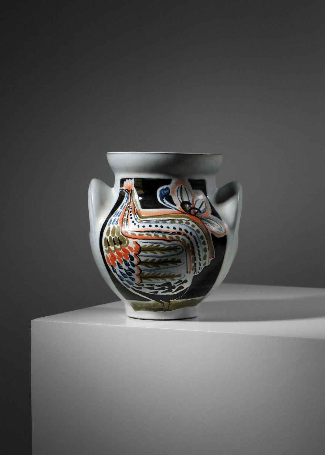 Grand vase en céramique de Roger Capron Vallauris avec motif de poule en vente 3