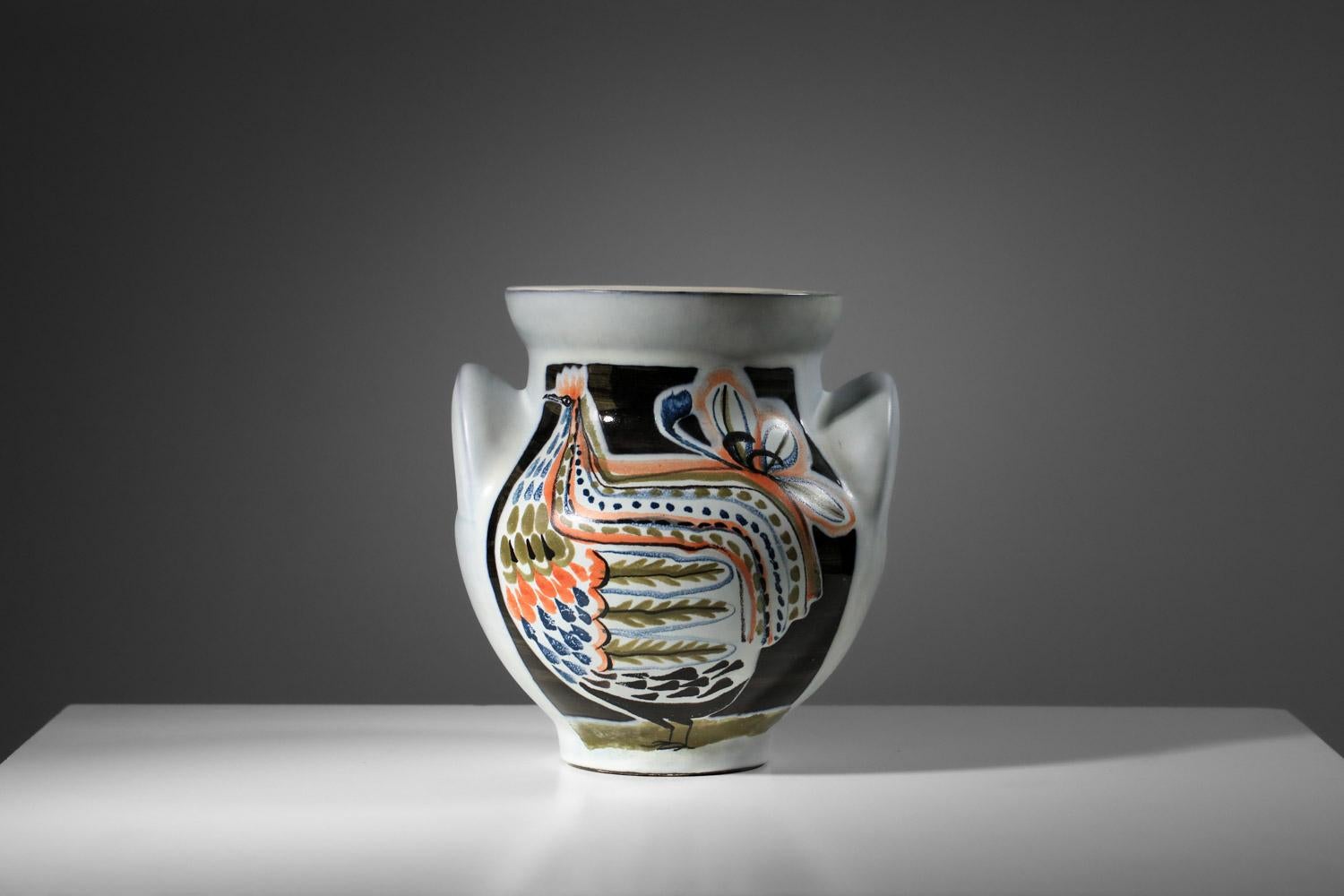 Mid-Century Modern Grand vase en céramique de Roger Capron Vallauris avec motif de poule en vente