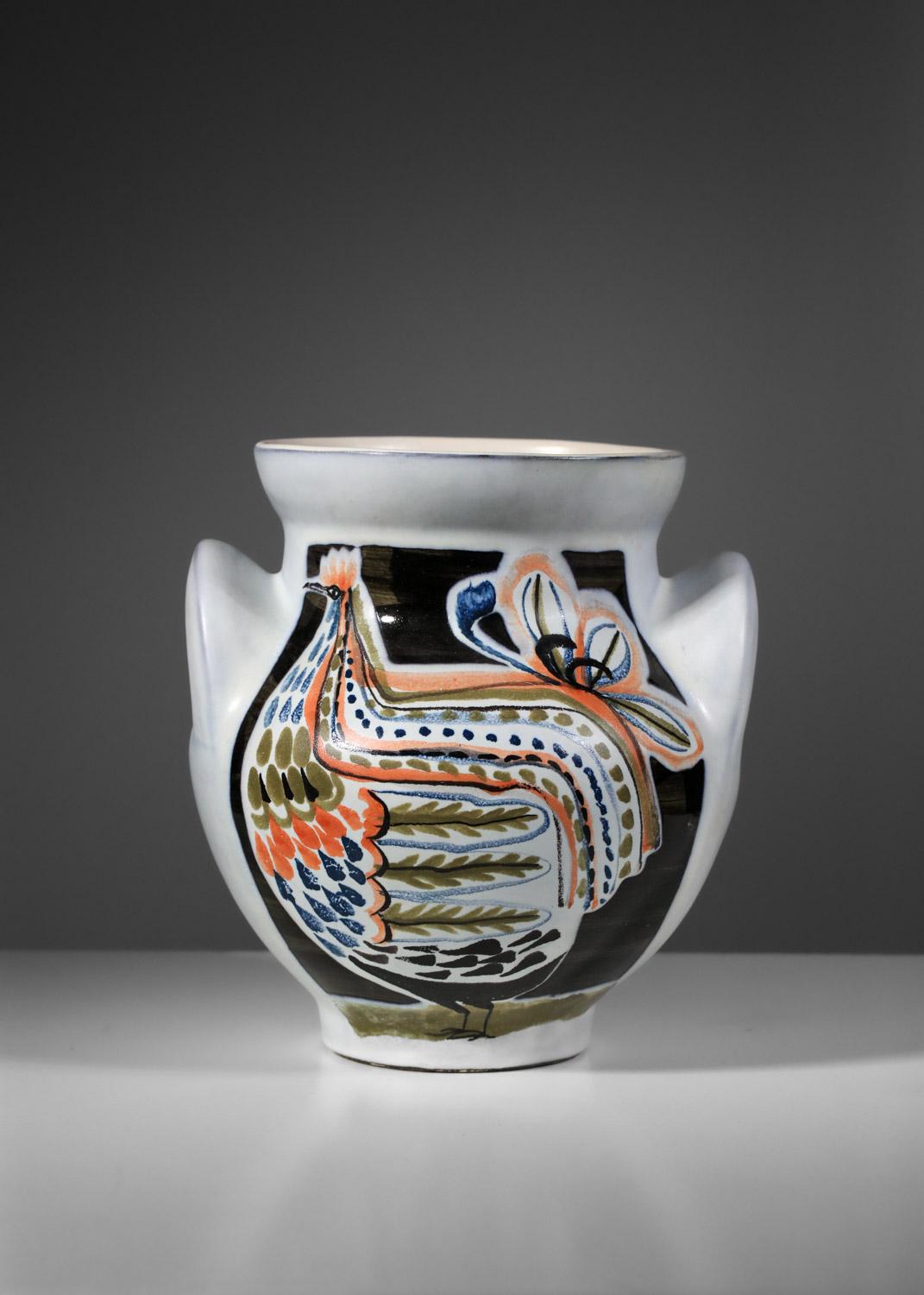 Fait main Grand vase en céramique de Roger Capron Vallauris avec motif de poule en vente