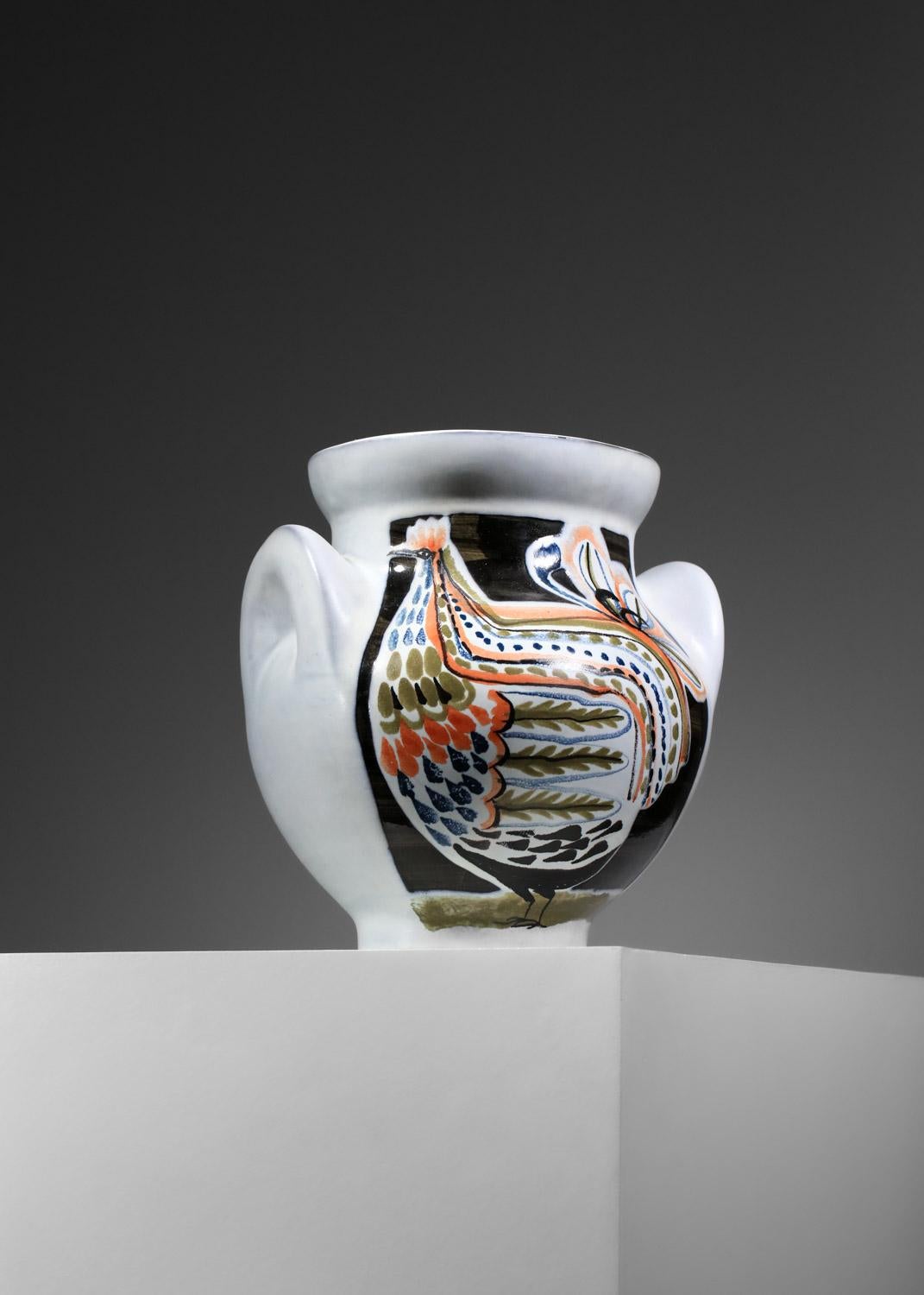 Grand vase en céramique de Roger Capron Vallauris avec motif de poule Bon état - En vente à Ternay, Auvergne-Rhône-Alpes