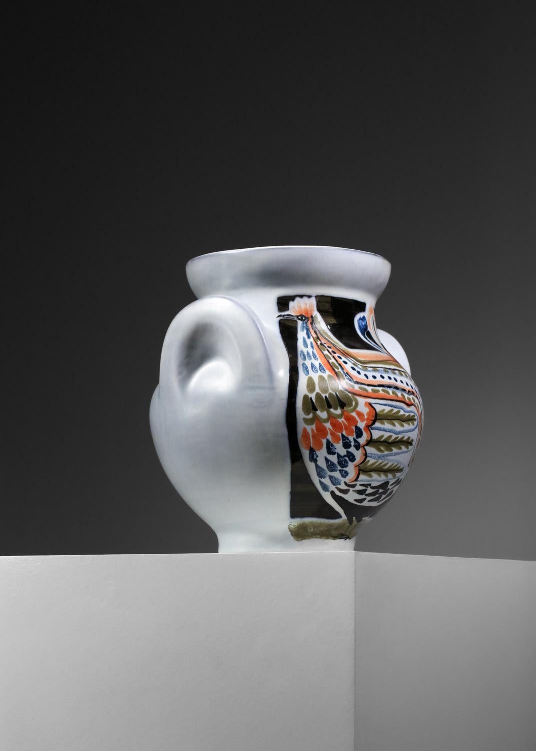 Milieu du XXe siècle Grand vase en céramique de Roger Capron Vallauris avec motif de poule en vente