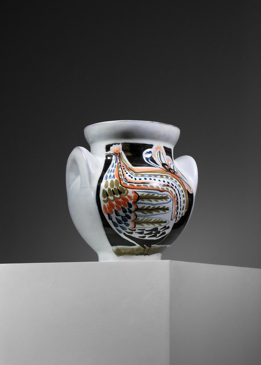 Céramique Grand vase en céramique de Roger Capron Vallauris avec motif de poule en vente