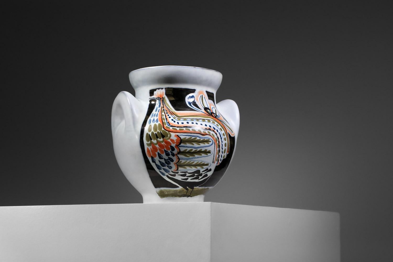 Grand vase en céramique de Roger Capron Vallauris avec motif de poule en vente 1