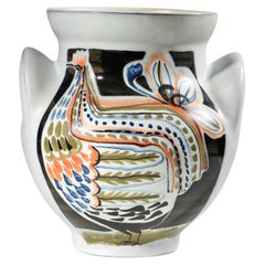 Vaso grande in ceramica Roger Capron Vallauris AM con disegno di gallina