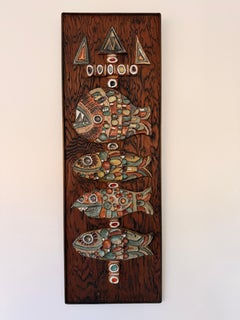 Large Roland Zobel Ceramic and Wood Totemic Wall Panel Atelier Les Cyclades 1980