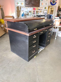 Large Roll Top Metal Tanker Desk w/ Brass Detailing