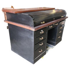 Vintage Large Roll Top Metal Tanker Desk W/ Brass Detailing