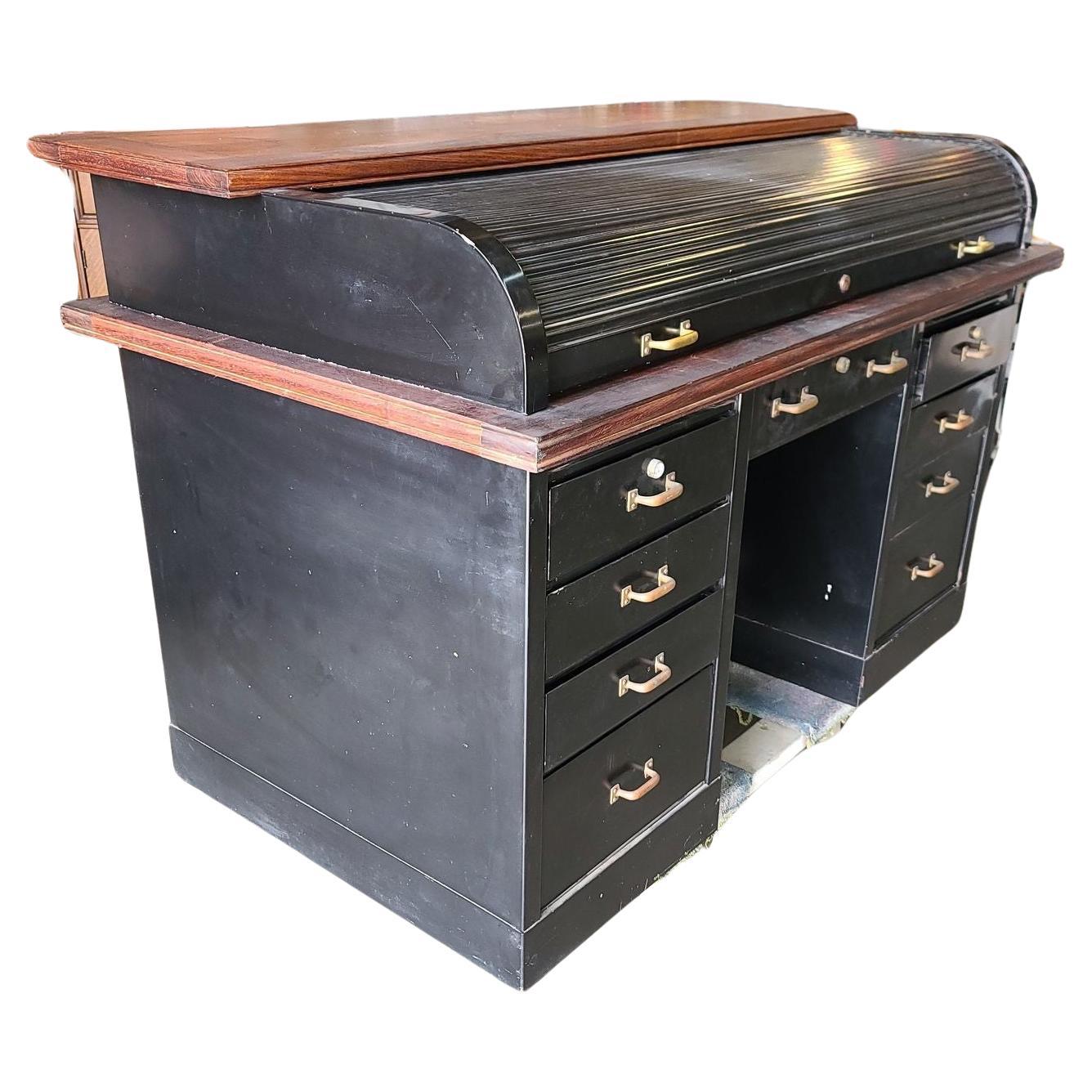 Large Roll Top Metal Tanker Desk w/ Brass Detailing For Sale