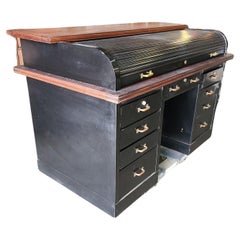 Large Roll Top Metal Tanker Desk w/ Brass Detailing