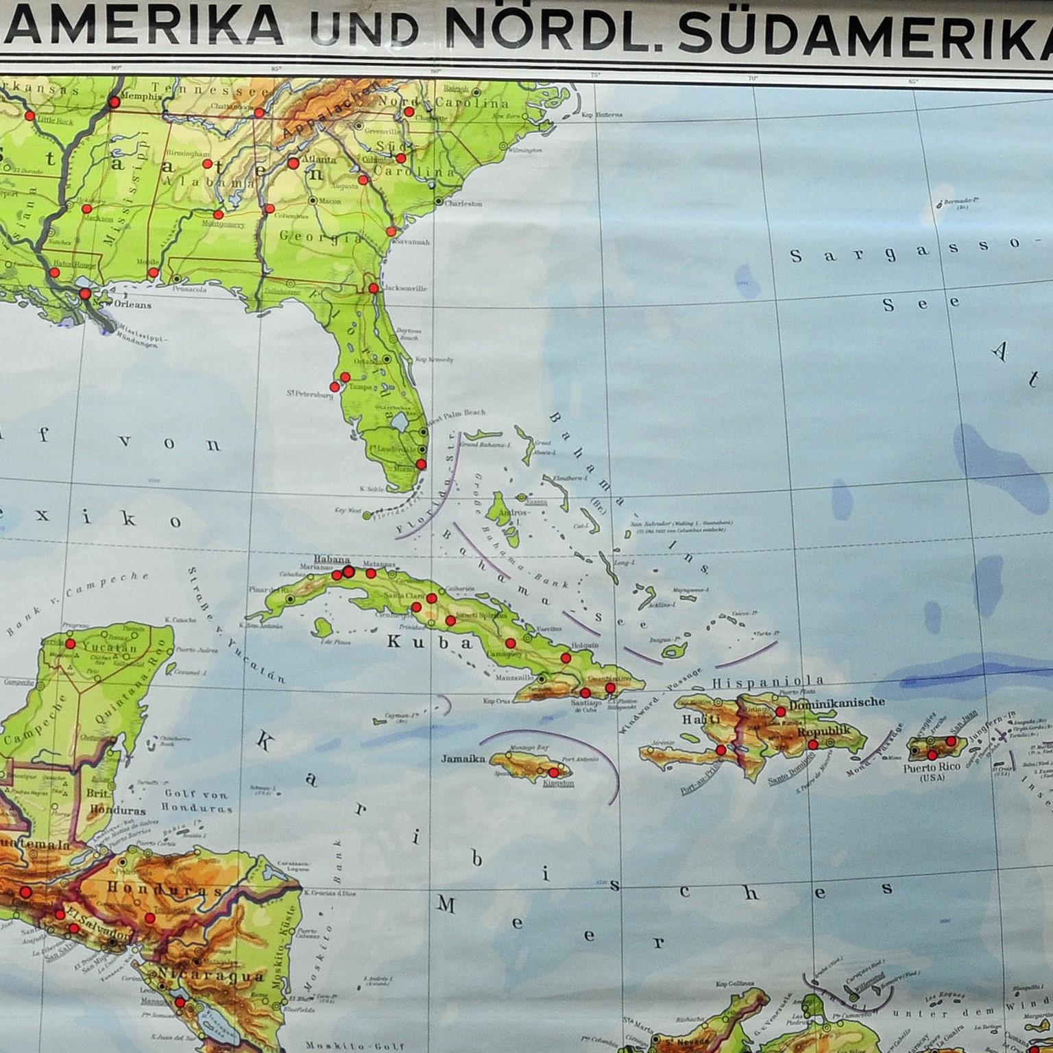 A fantastic pull-down wall chart depicting a map of Central America and Northern South America. Used as teaching material in German schools. Colorful print on paper reinforced with canvas. Published by Westermann circa 1968.
Measurements:
Width