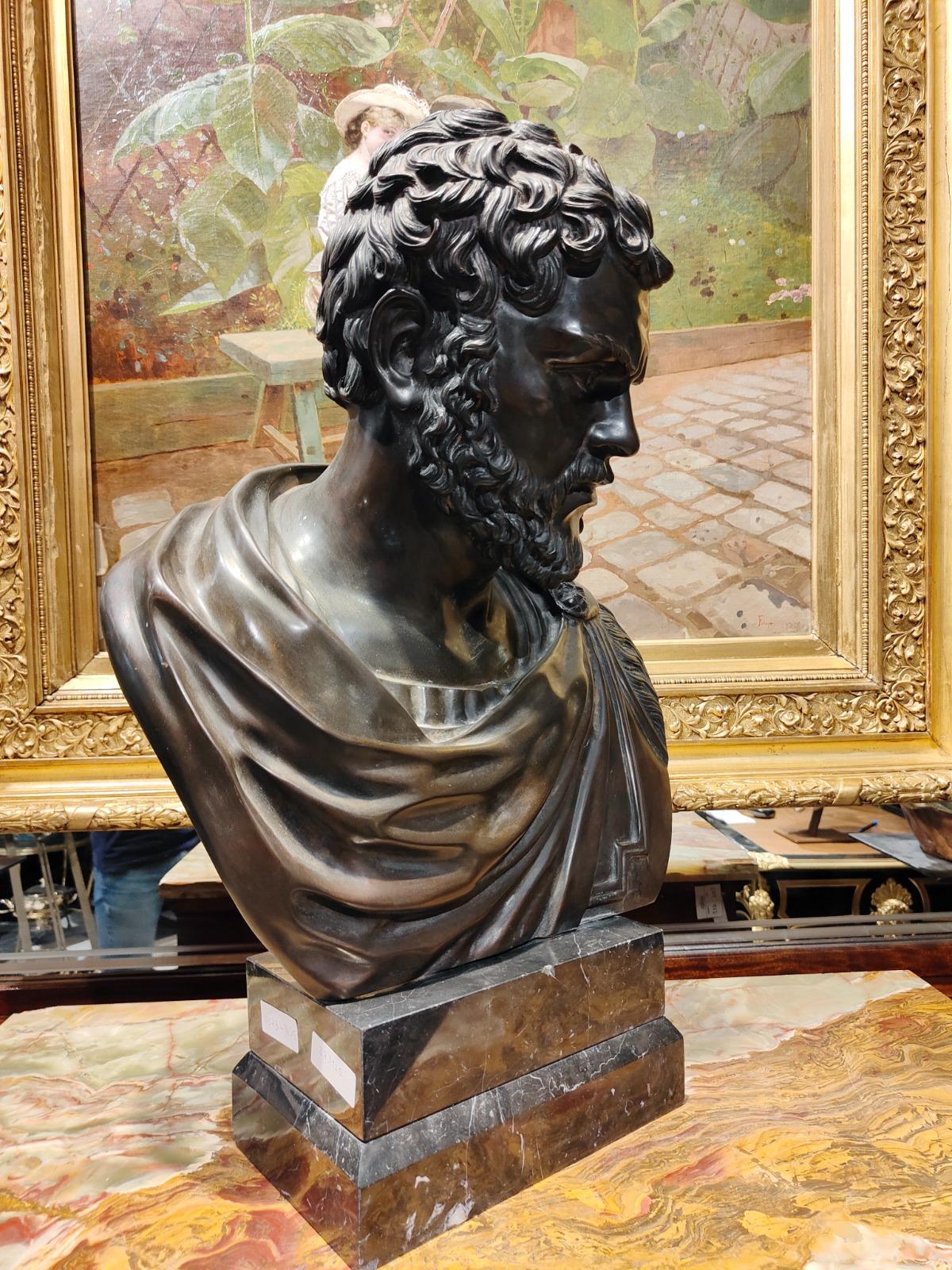 Large Roman Bronze Emperor Bust from the 19th Century For Sale 3
