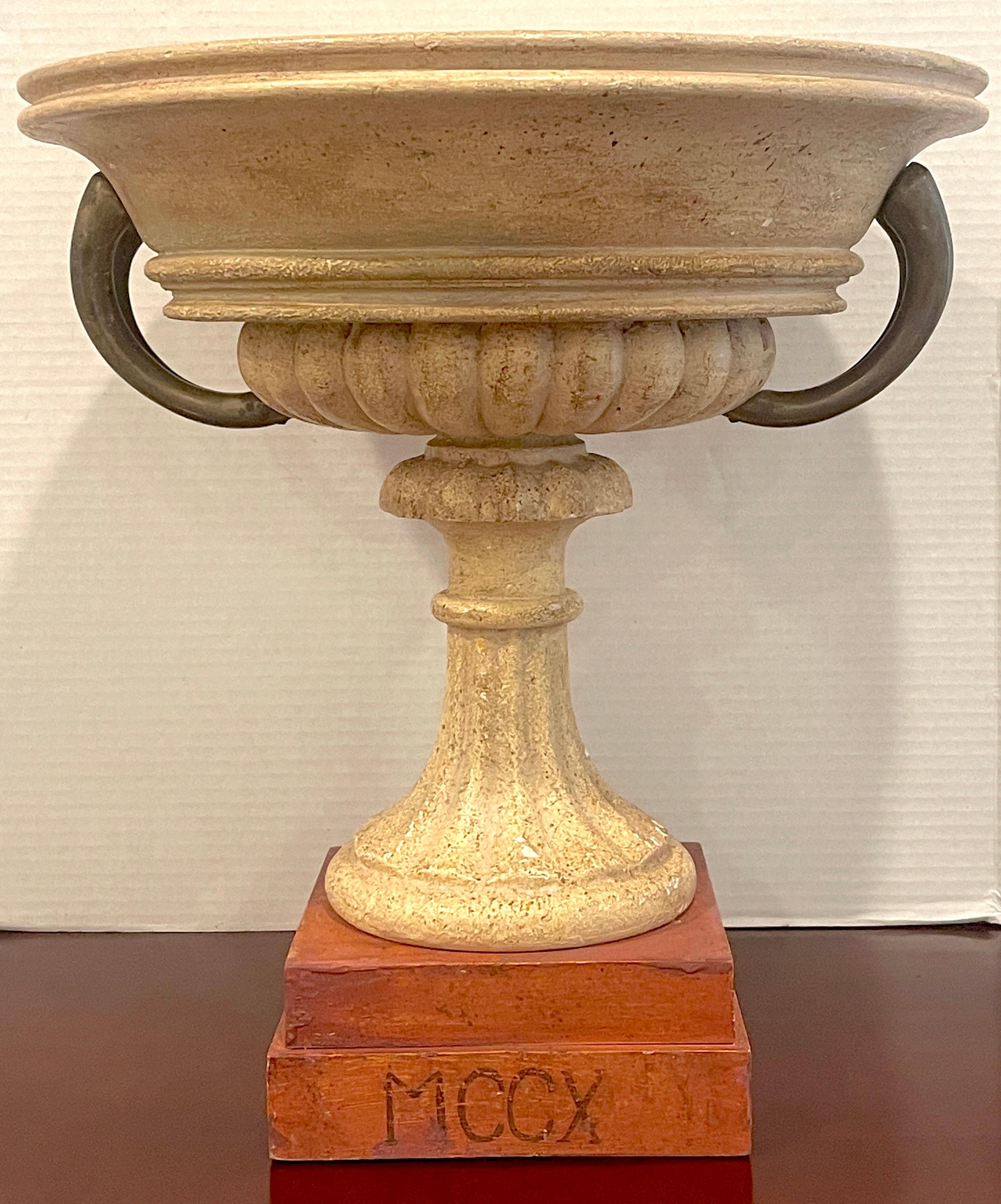 Large Roman Grand Tour style carved, polychromed wood & bronze mounted tazza, with a circular carved polychromed ribbed 16.5-Inch diameter bowl, with flanking bronze handles. Resting on a carved tapering fluted pedestal base, raised on a pale red