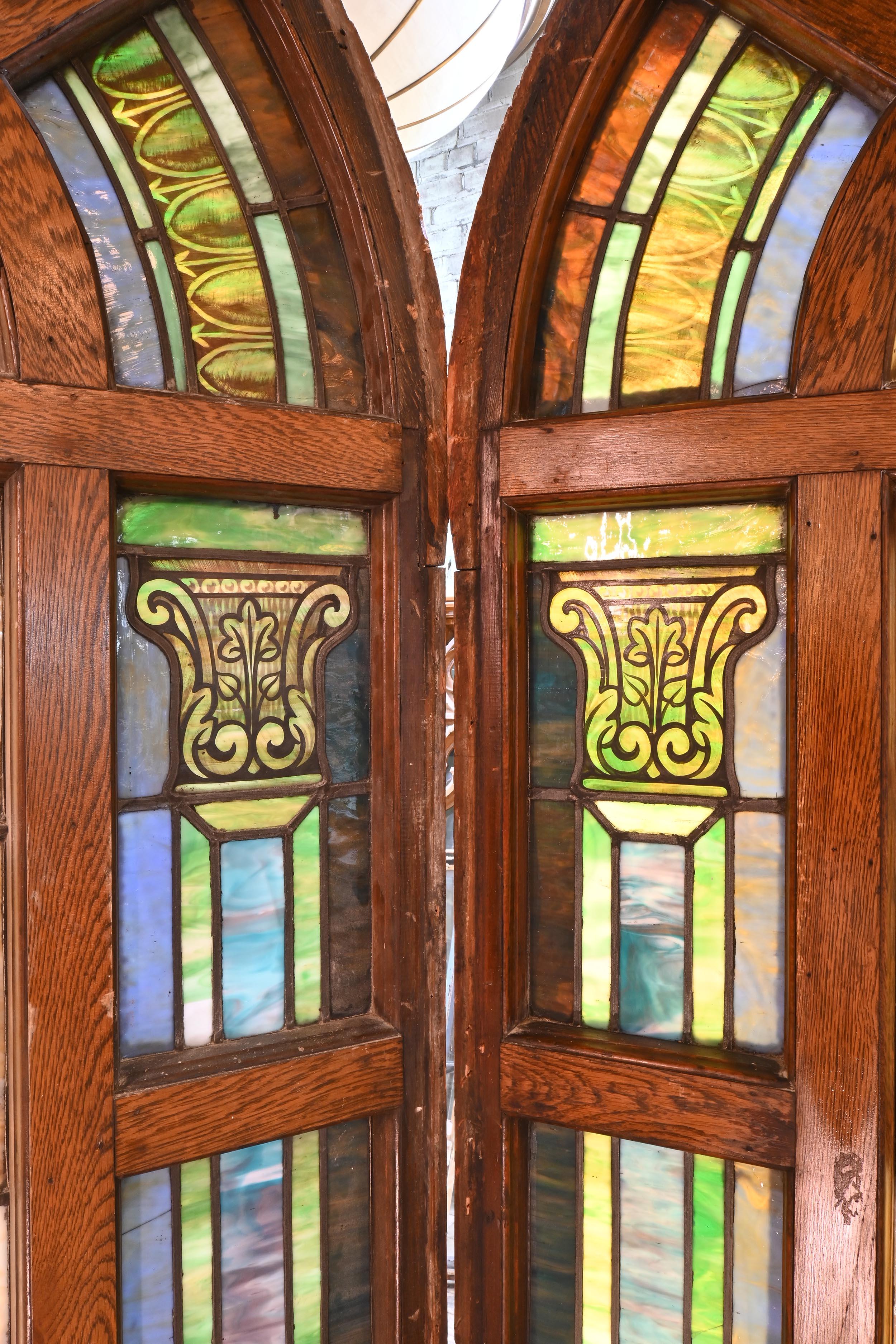 American Classical Large Roman True Arched Windows with Divided Stain Glass For Sale