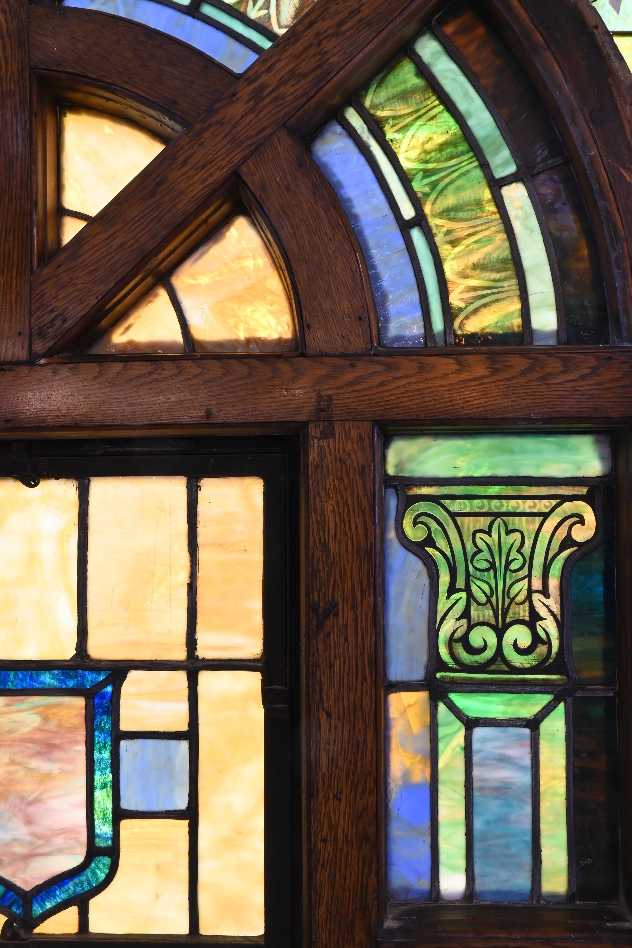 North American Large Roman True Arched Windows with Divided Stain Glass For Sale
