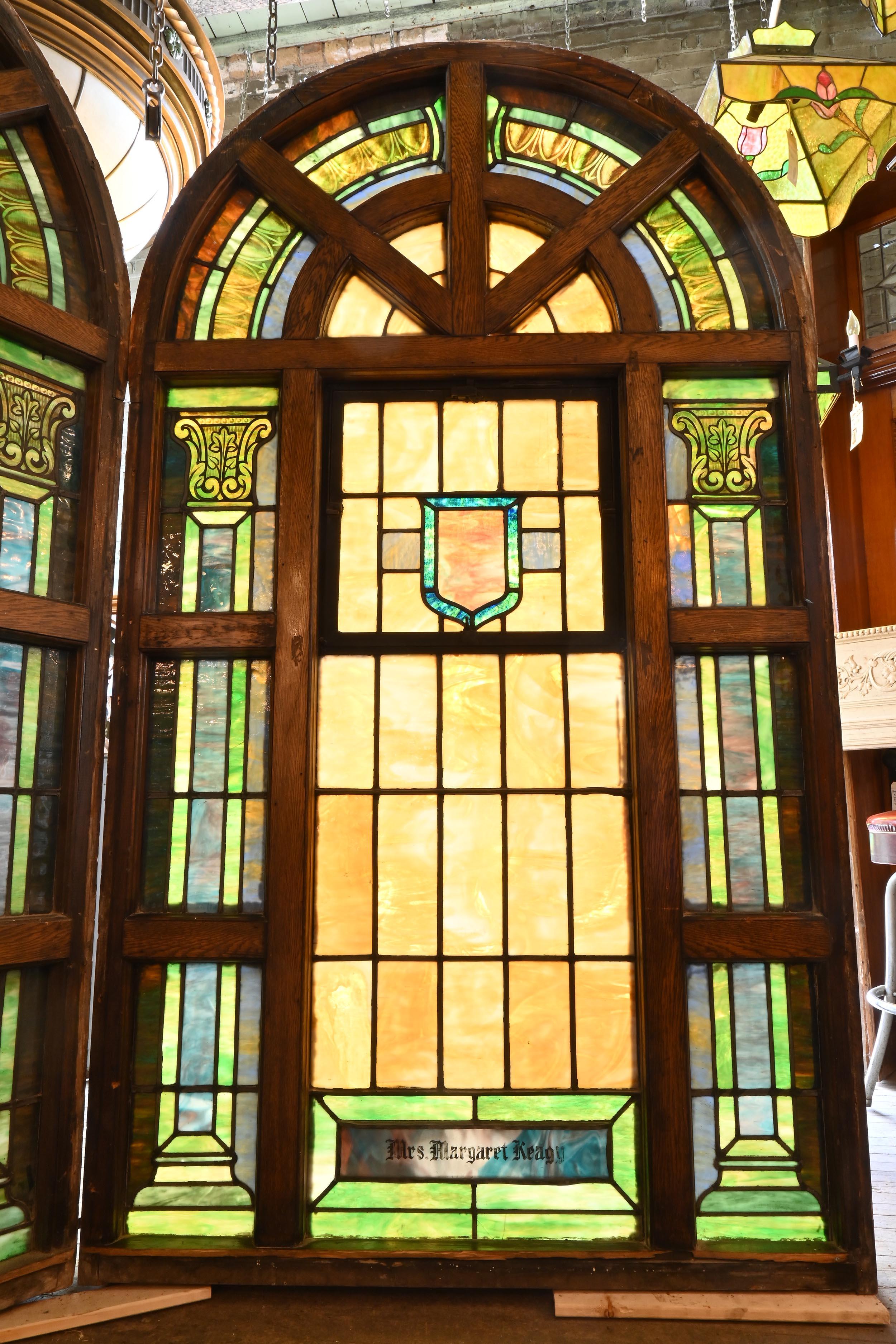 Large Roman True Arched Windows with Divided Stain Glass In Good Condition For Sale In Minneapolis, MN