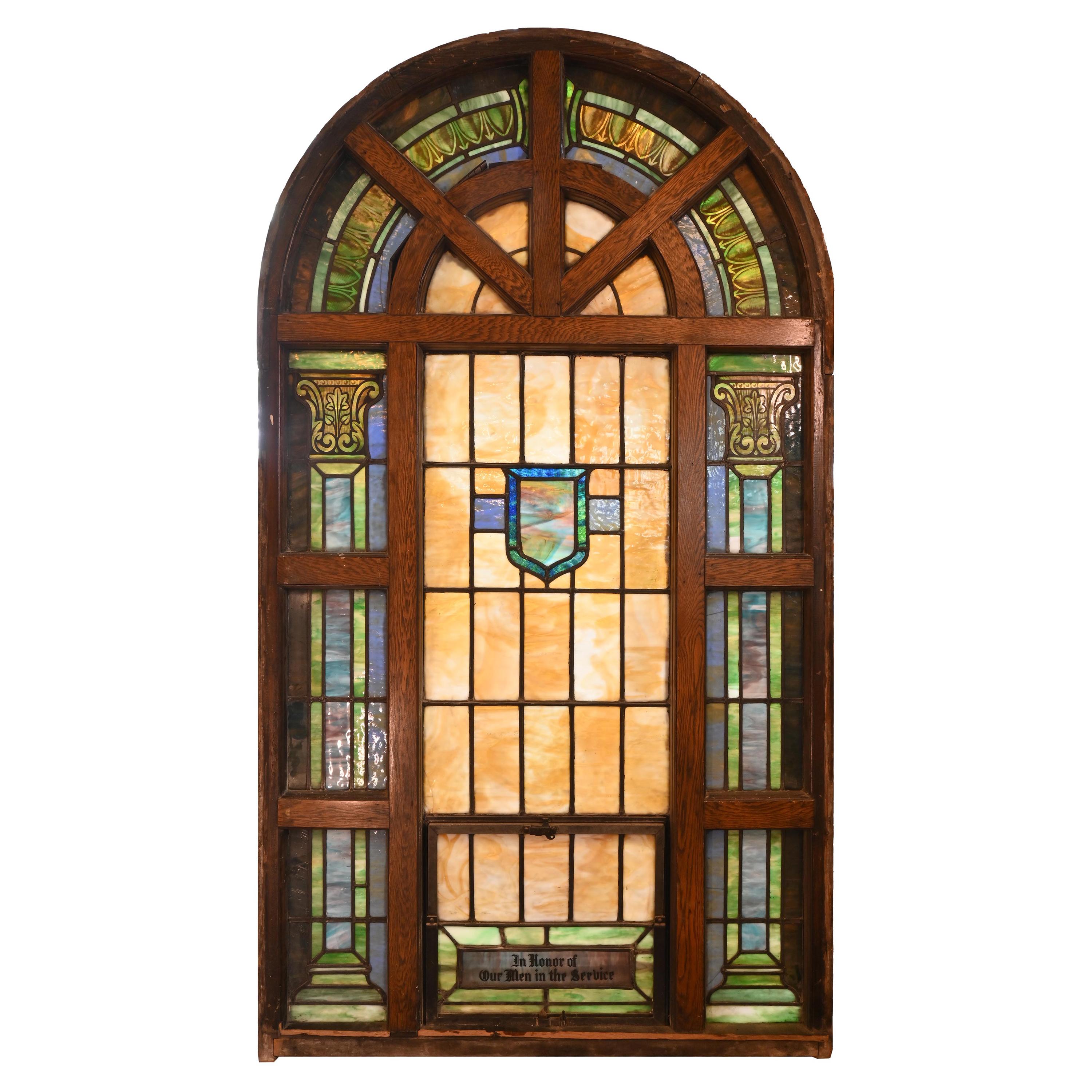 Large Roman True Arched Windows with Divided Stain Glass For Sale