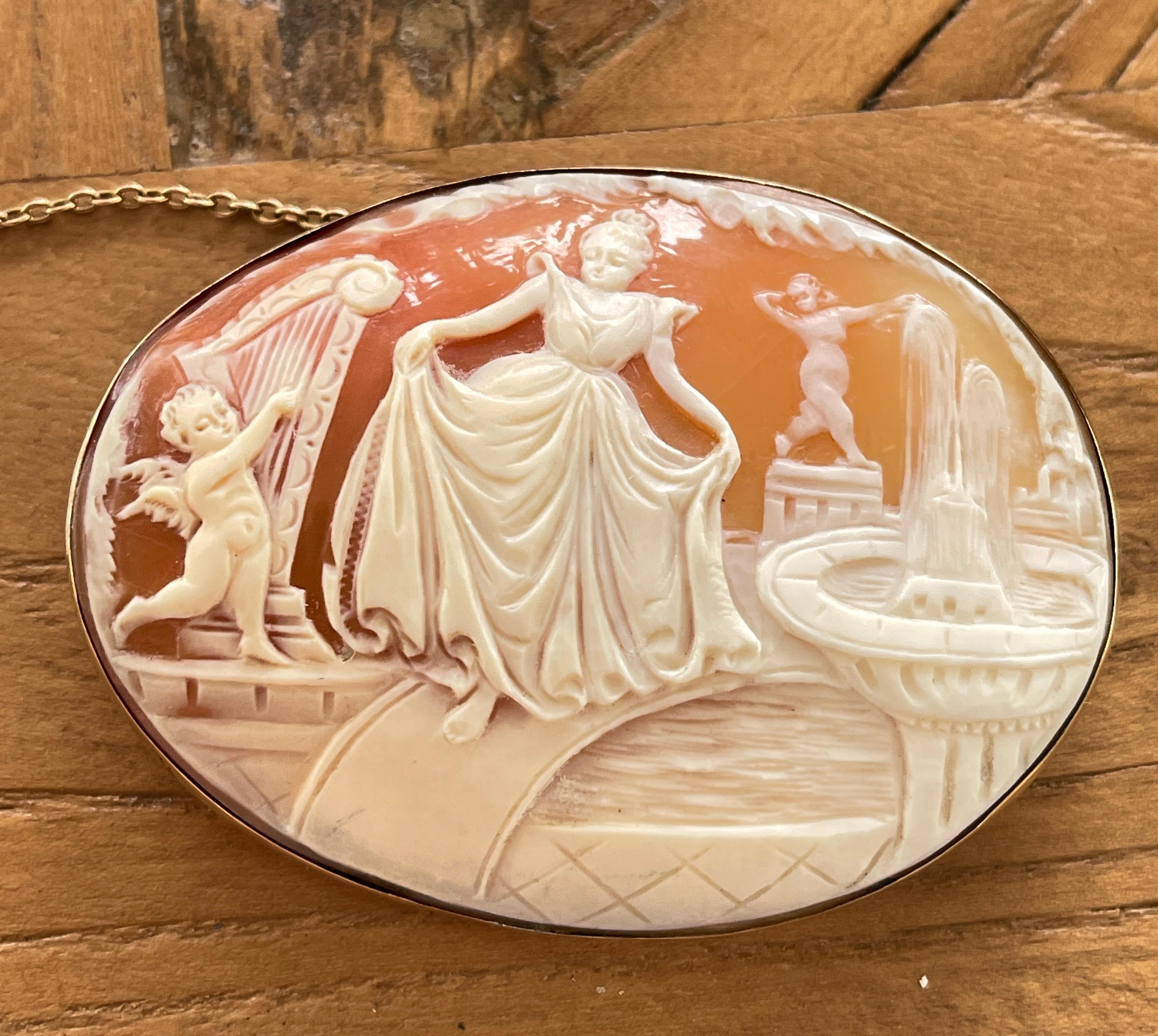 Neoclassical Large Romantic Cameo Brooch Neo Classic lady in a Garden 14ct yellow gold c1950s For Sale