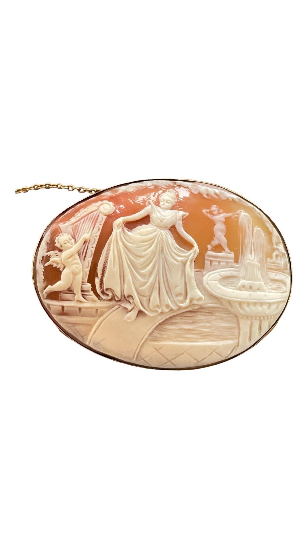 Large Romantic Cameo Brooch Neo Classic lady in a Garden 14ct yellow gold c1950s In Good Condition For Sale In Mona Vale, NSW