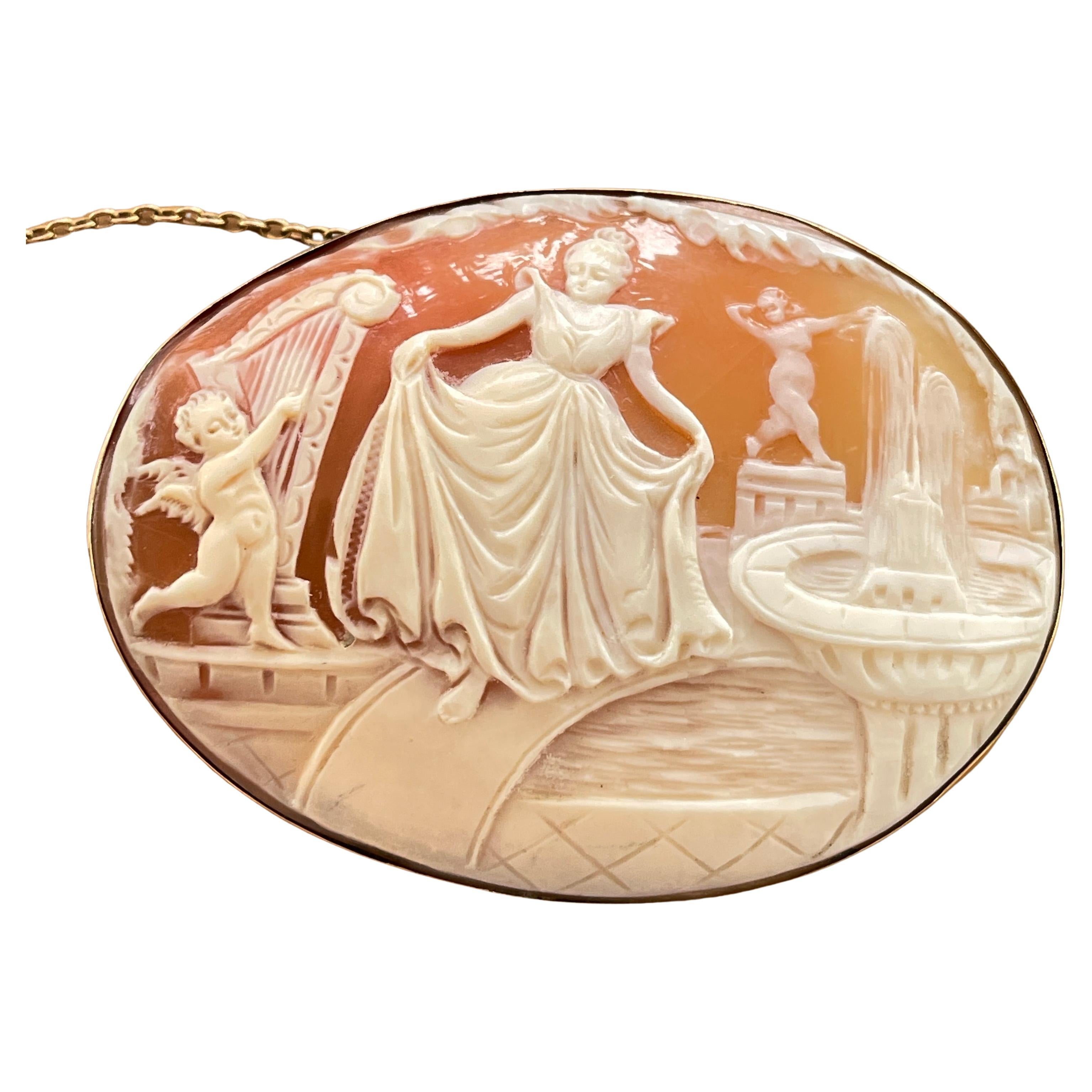 Large Romantic Cameo Brooch Neo Classic lady in a Garden 14ct yellow gold c1950s For Sale