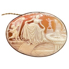 Large Romantic Cameo Brooch Neo Classic lady in a Garden 14ct yellow gold c1950s