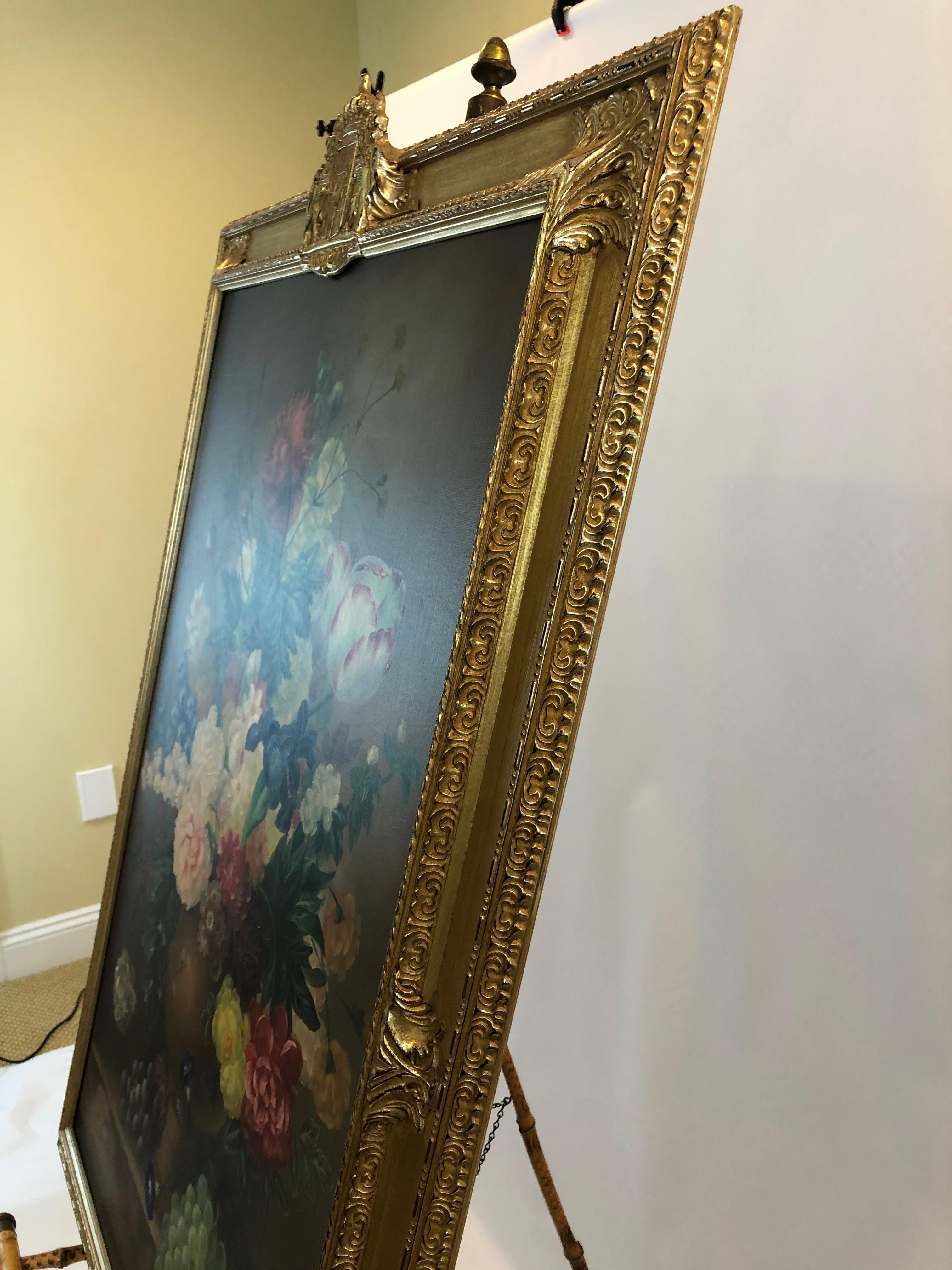 Large Romantic Floral Still Life in Magnificent Gilded Frame 4