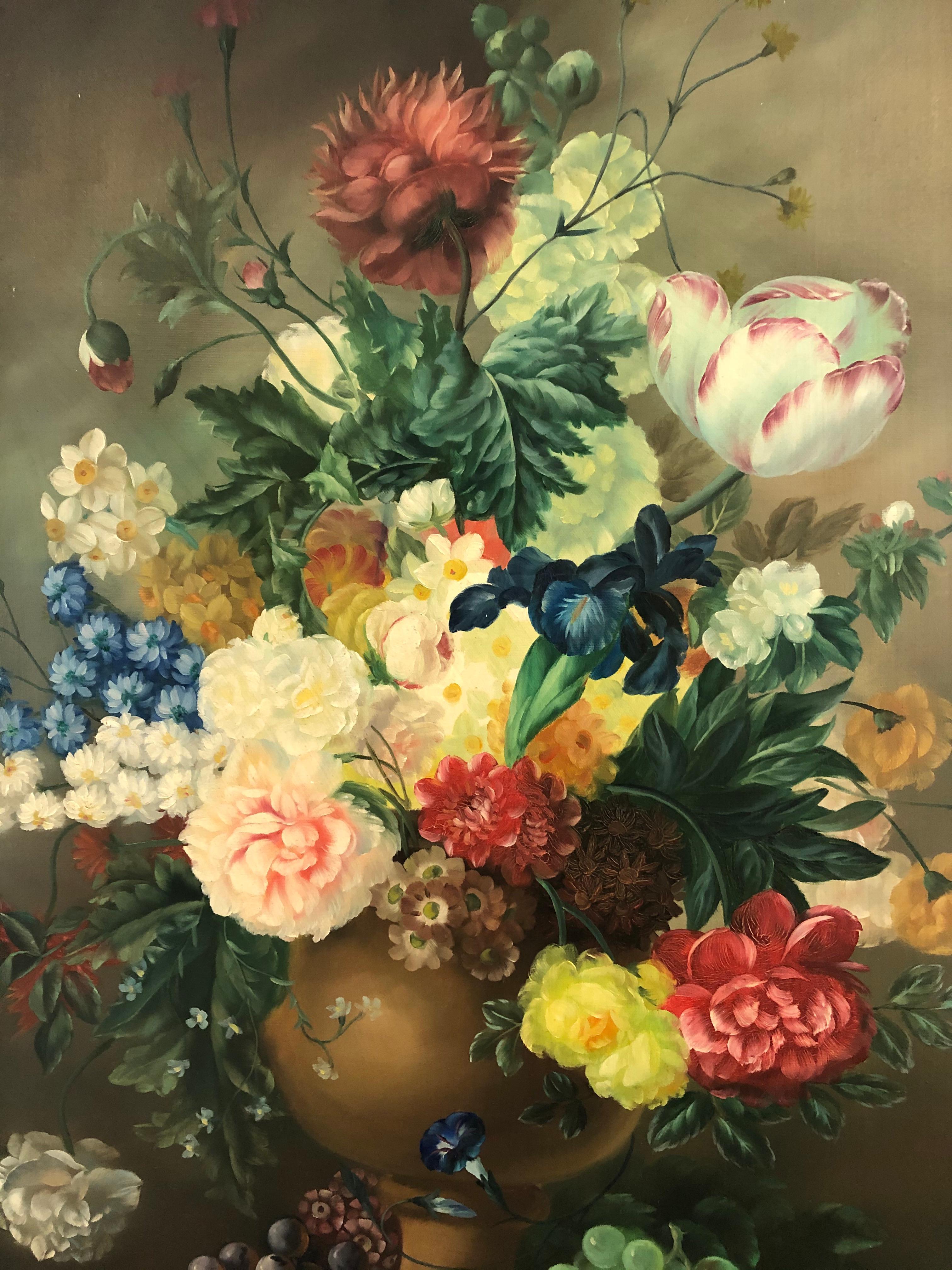North American Large Romantic Floral Still Life in Magnificent Gilded Frame