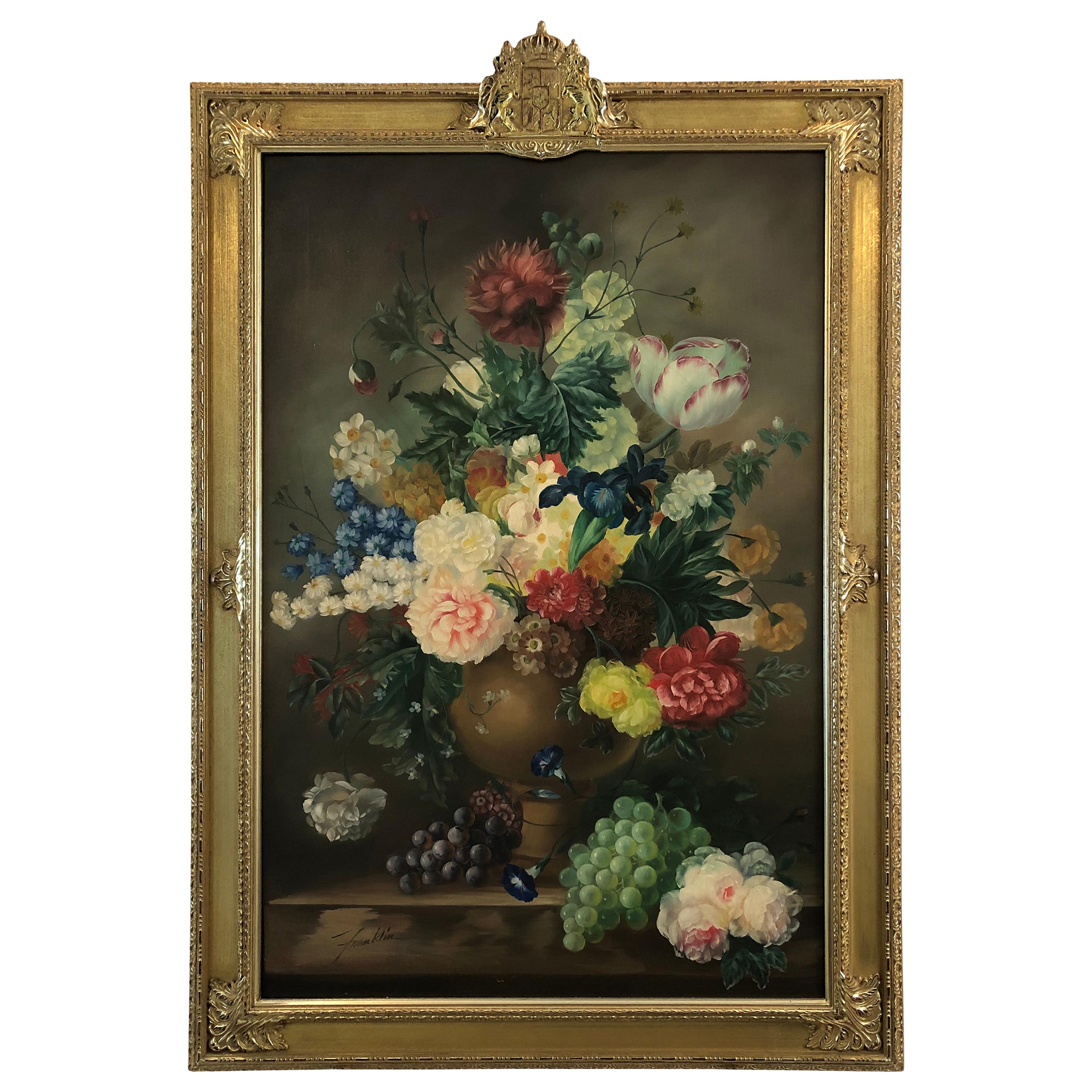 Large Romantic Floral Still Life in Magnificent Gilded Frame