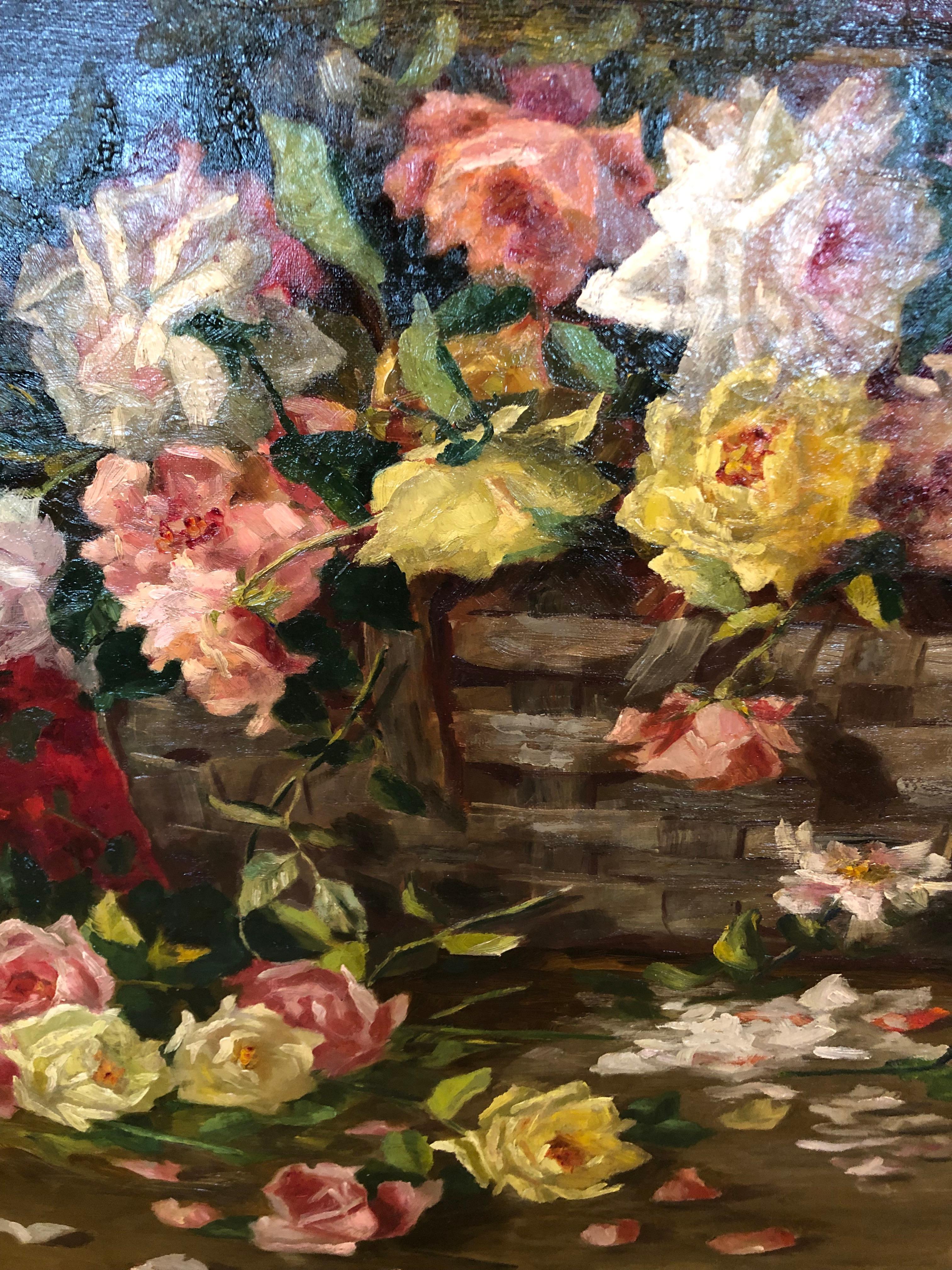 American Large Romantic Floral Still-life Painting in Magnificent Frame For Sale