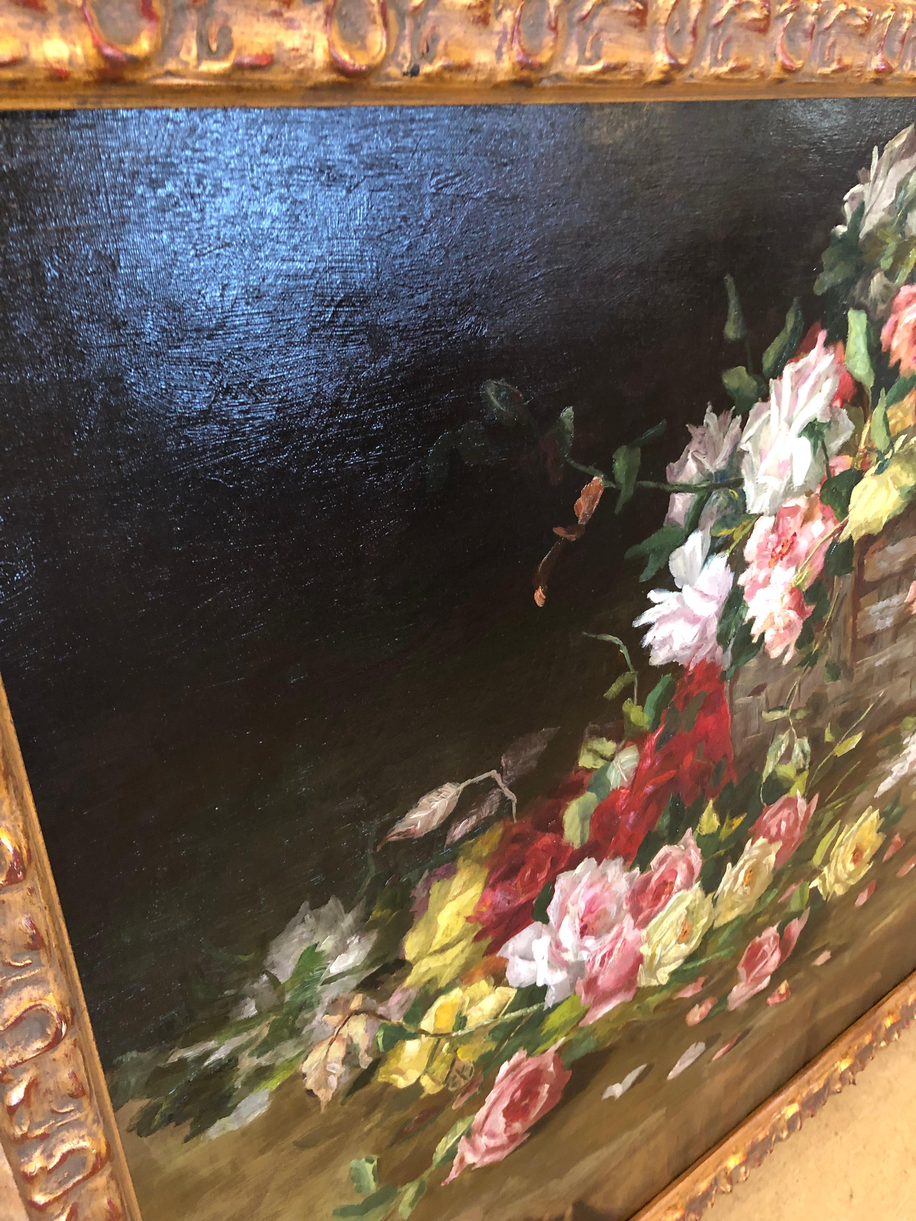 Mid-20th Century Large Romantic Floral Still-life Painting in Magnificent Frame For Sale