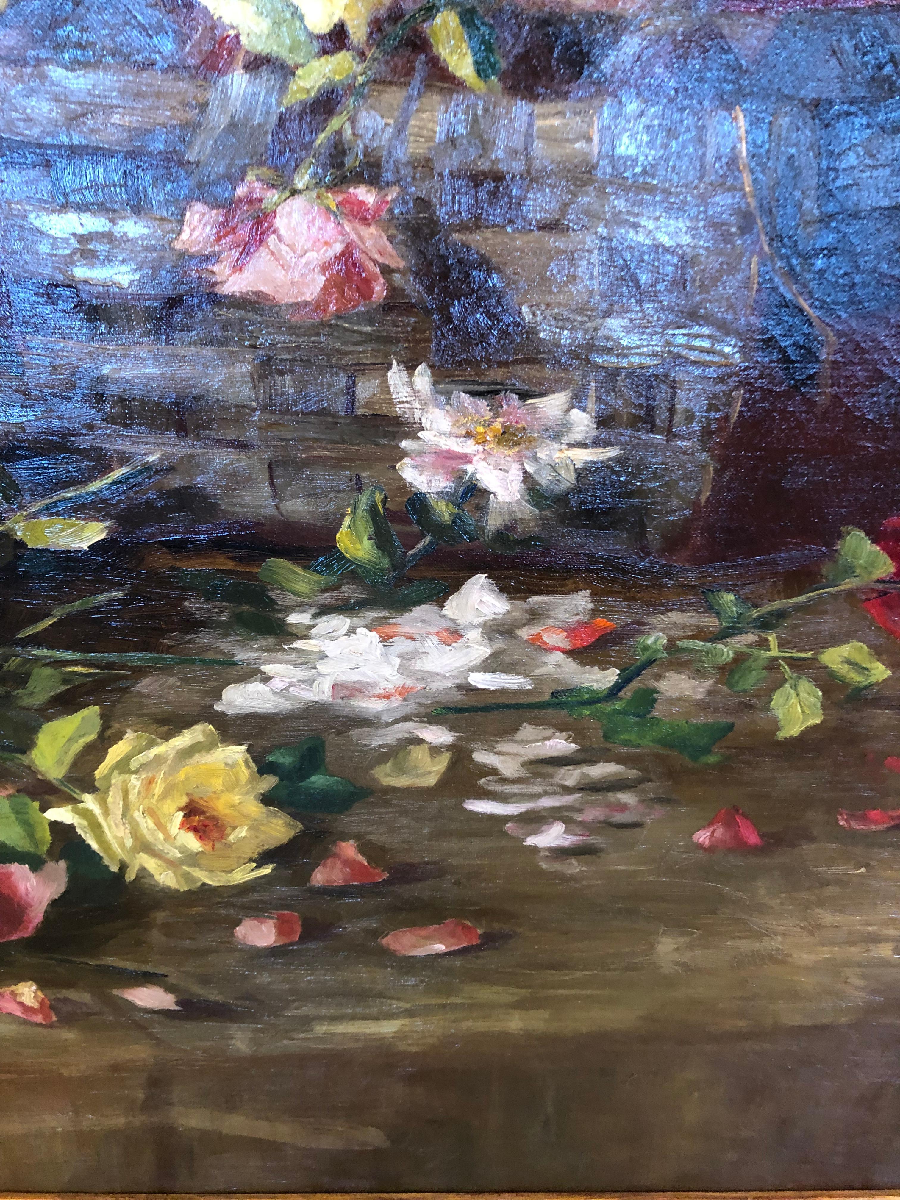 Canvas Large Romantic Floral Still-life Painting in Magnificent Frame For Sale