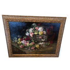 Vintage Large Romantic Floral Still-life Painting in Magnificent Frame
