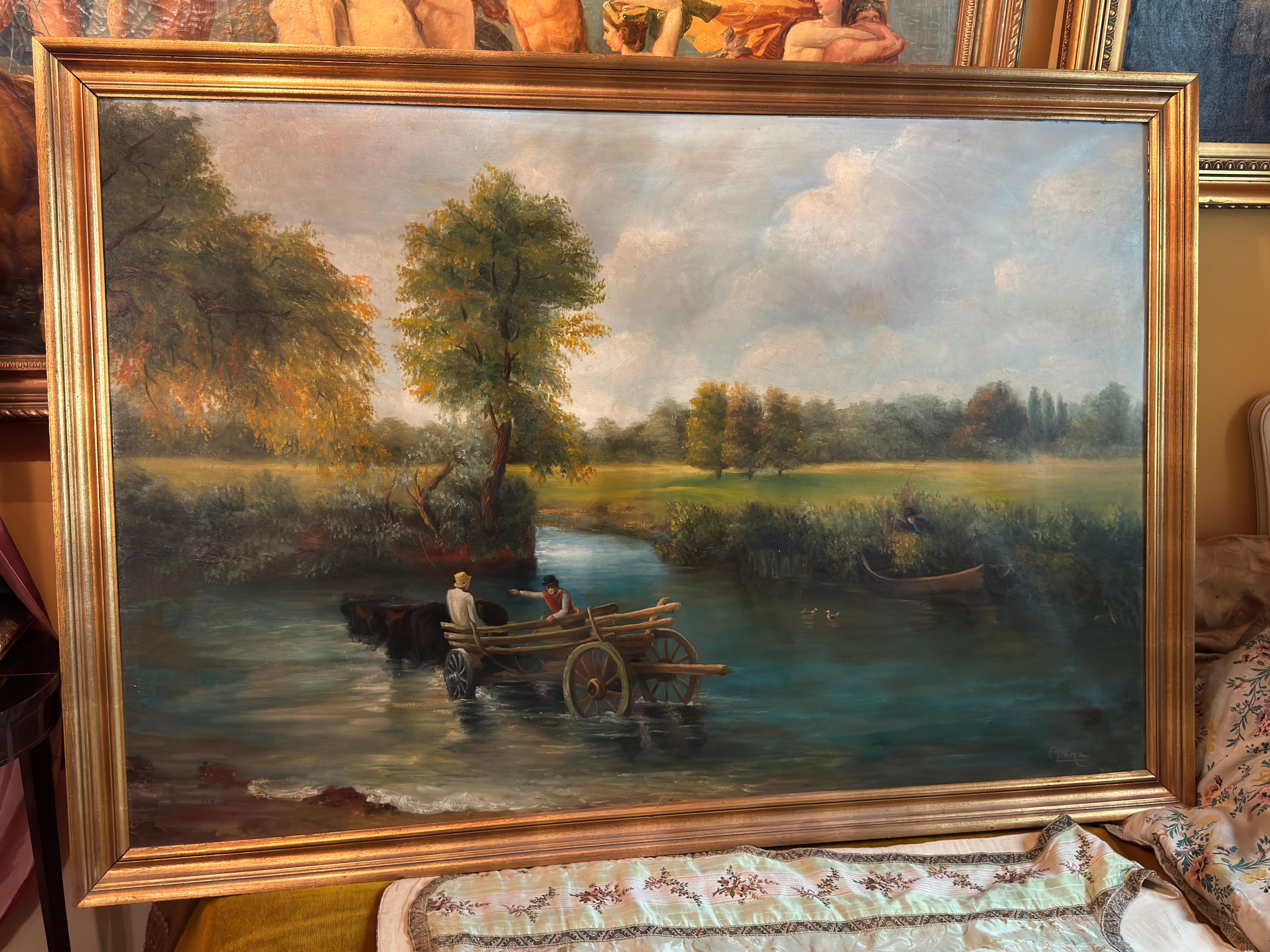 Große romantische Landschaft mit Fluss und Wagen, Öl auf Leinwand, Spanische Schule, 20.

Beeindruckende großformatige romantische Landschaft (150 × 100 cm), ausgeführt in Öl auf Leinwand um 1930-1950, in der spanischen oder italienischen Schule der