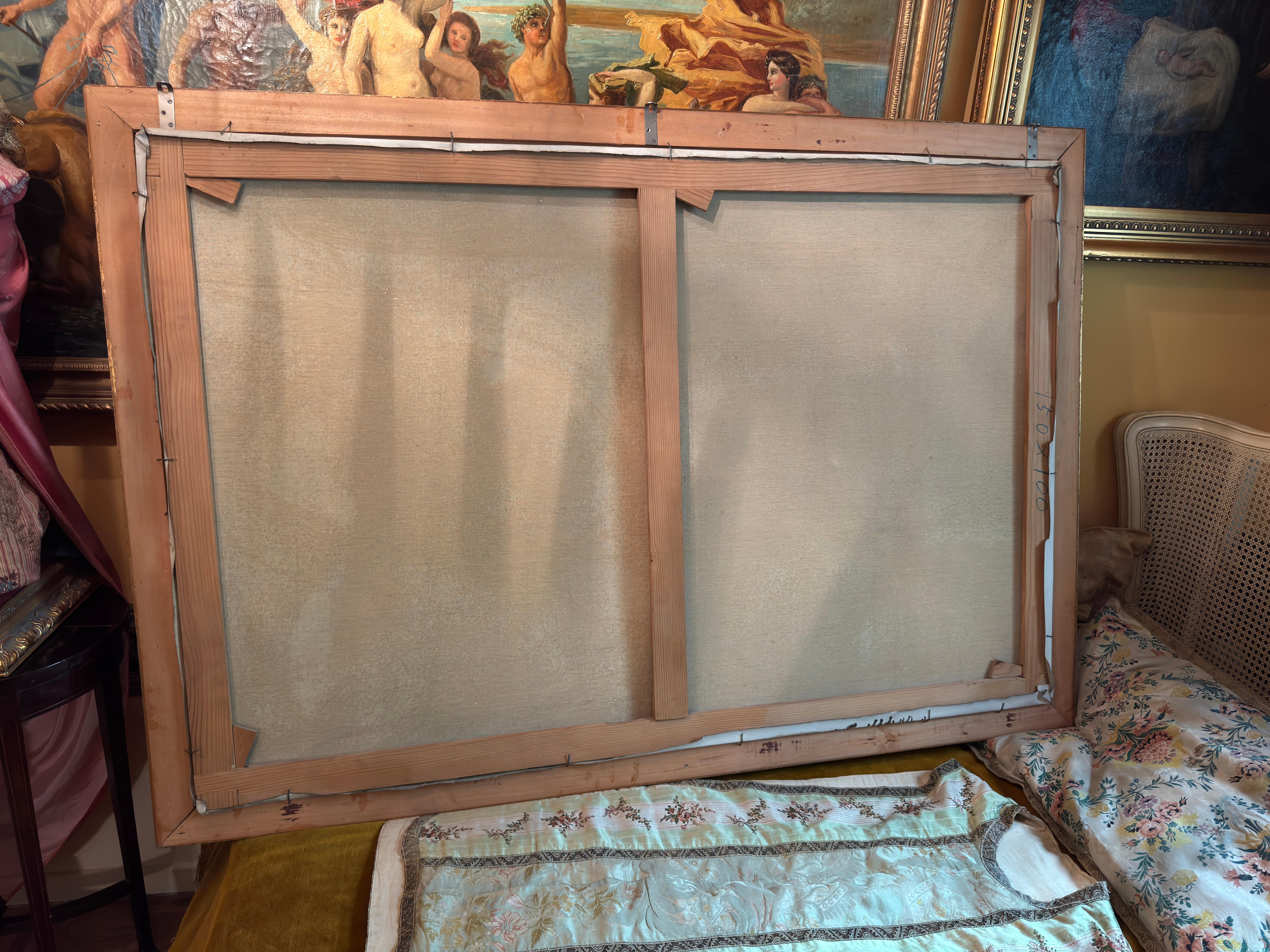 Große romantische Landschaft mit Fluss und Wagen, Öl auf Leinwand, Spanish School, 20t (Barock) im Angebot