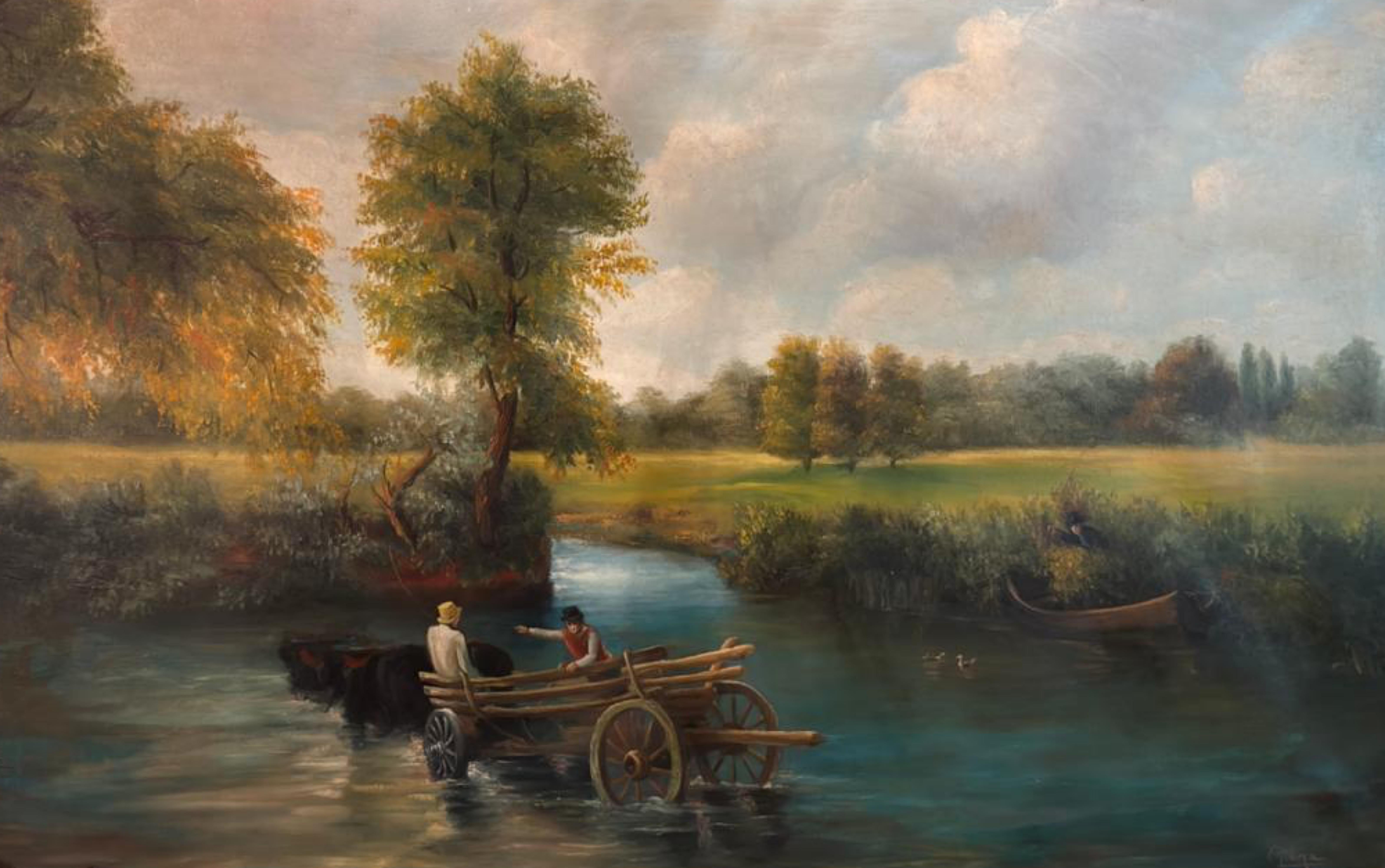 Große romantische Landschaft mit Fluss und Wagen, Öl auf Leinwand, Spanish School, 20t (Spanisch) im Angebot