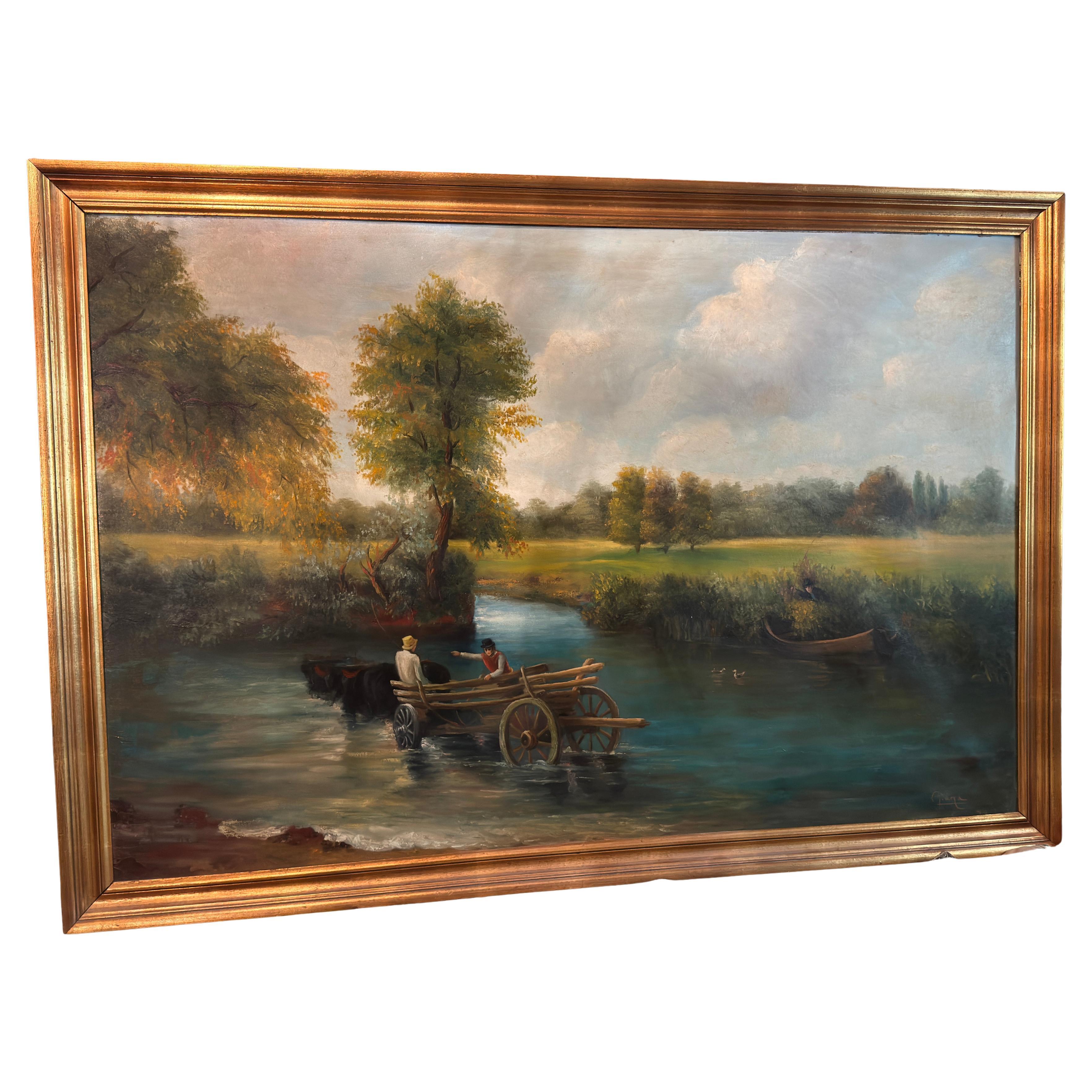 Große romantische Landschaft mit Fluss und Wagen, Öl auf Leinwand, Spanish School, 20t im Angebot