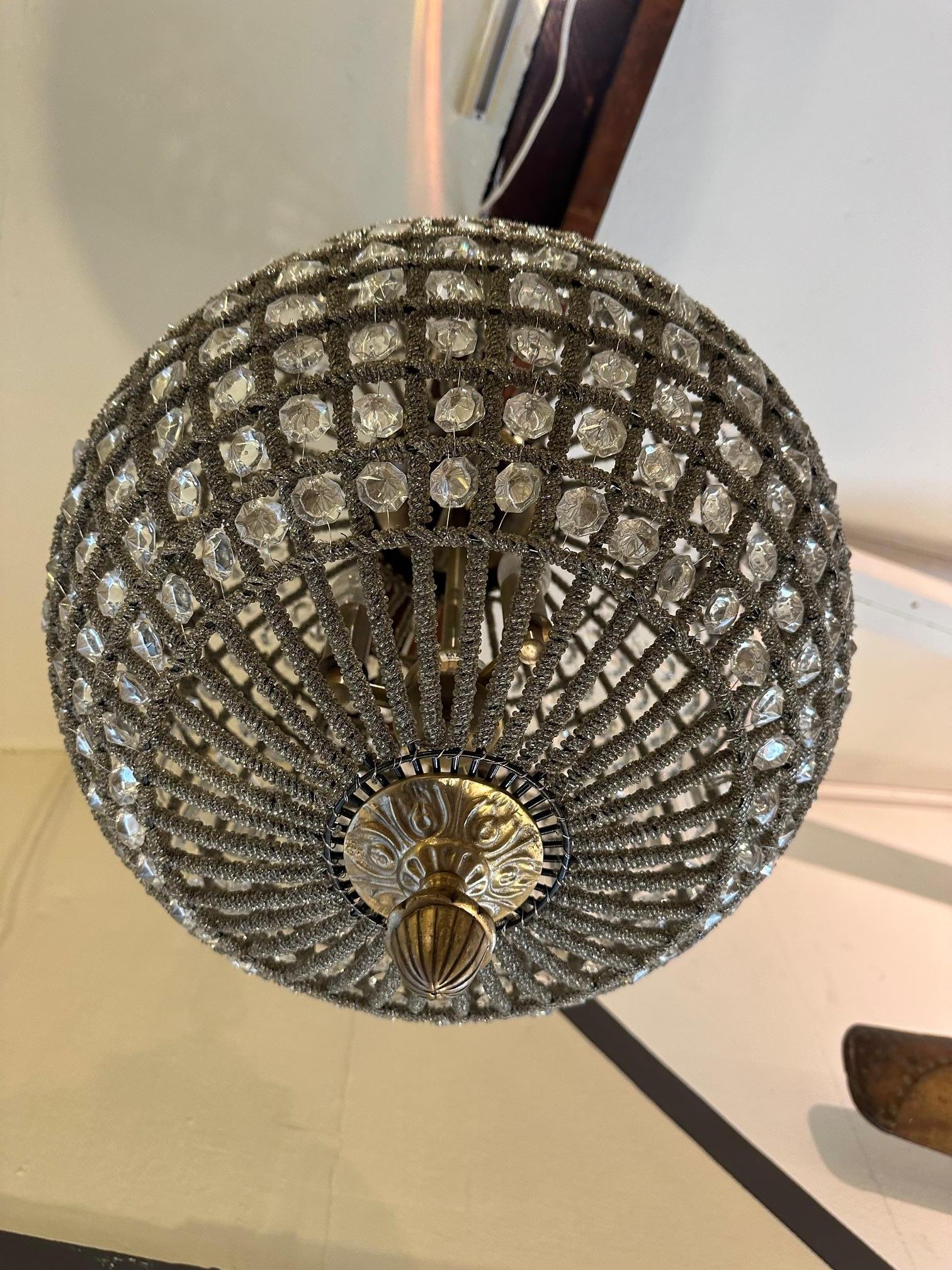 American Large Romantic Prism Encrusted Round Pendant Chandelier For Sale