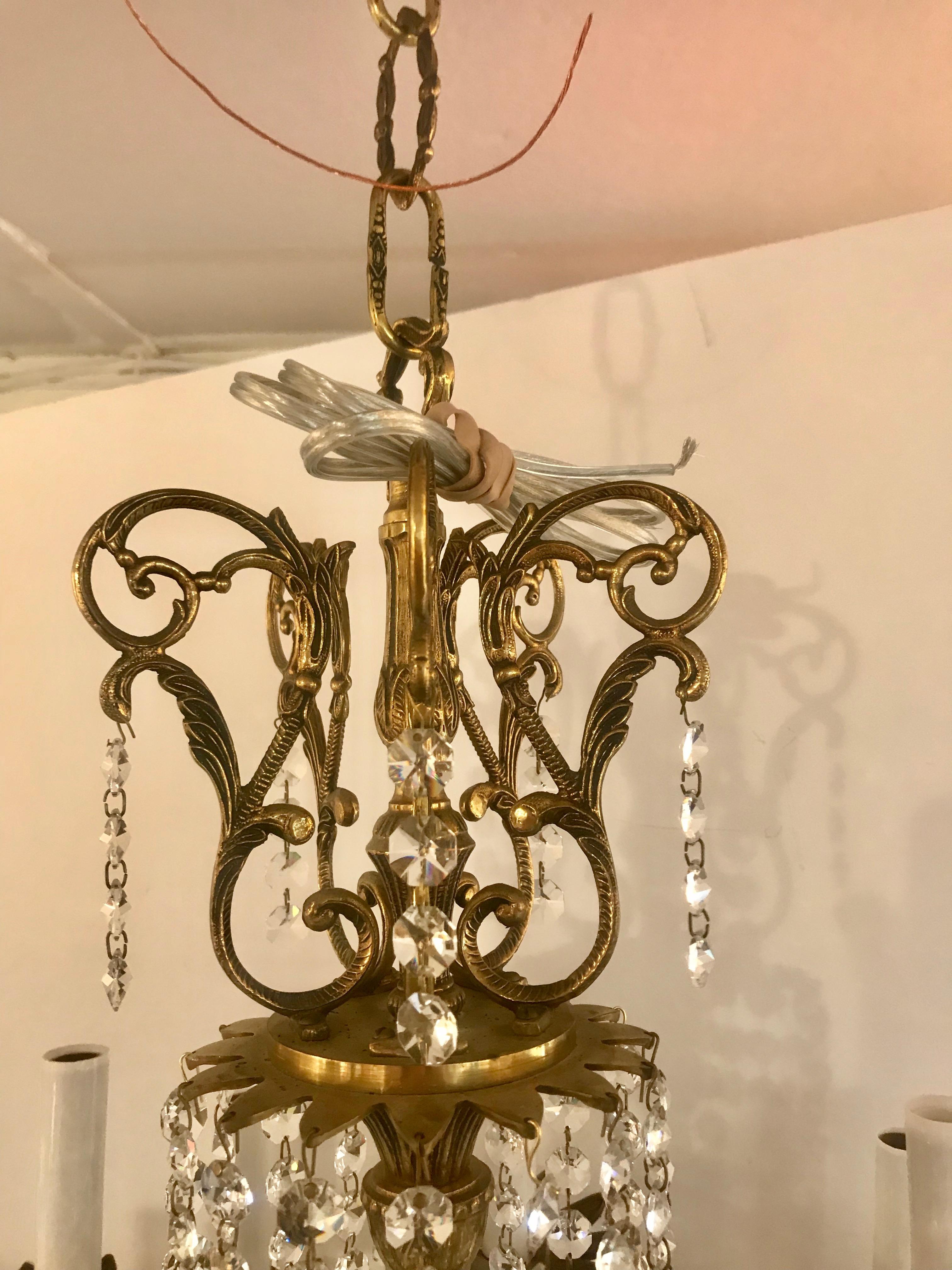 Large Romantic Vintage Spanish Brass and Crystal Chandelier In Excellent Condition In Hopewell, NJ