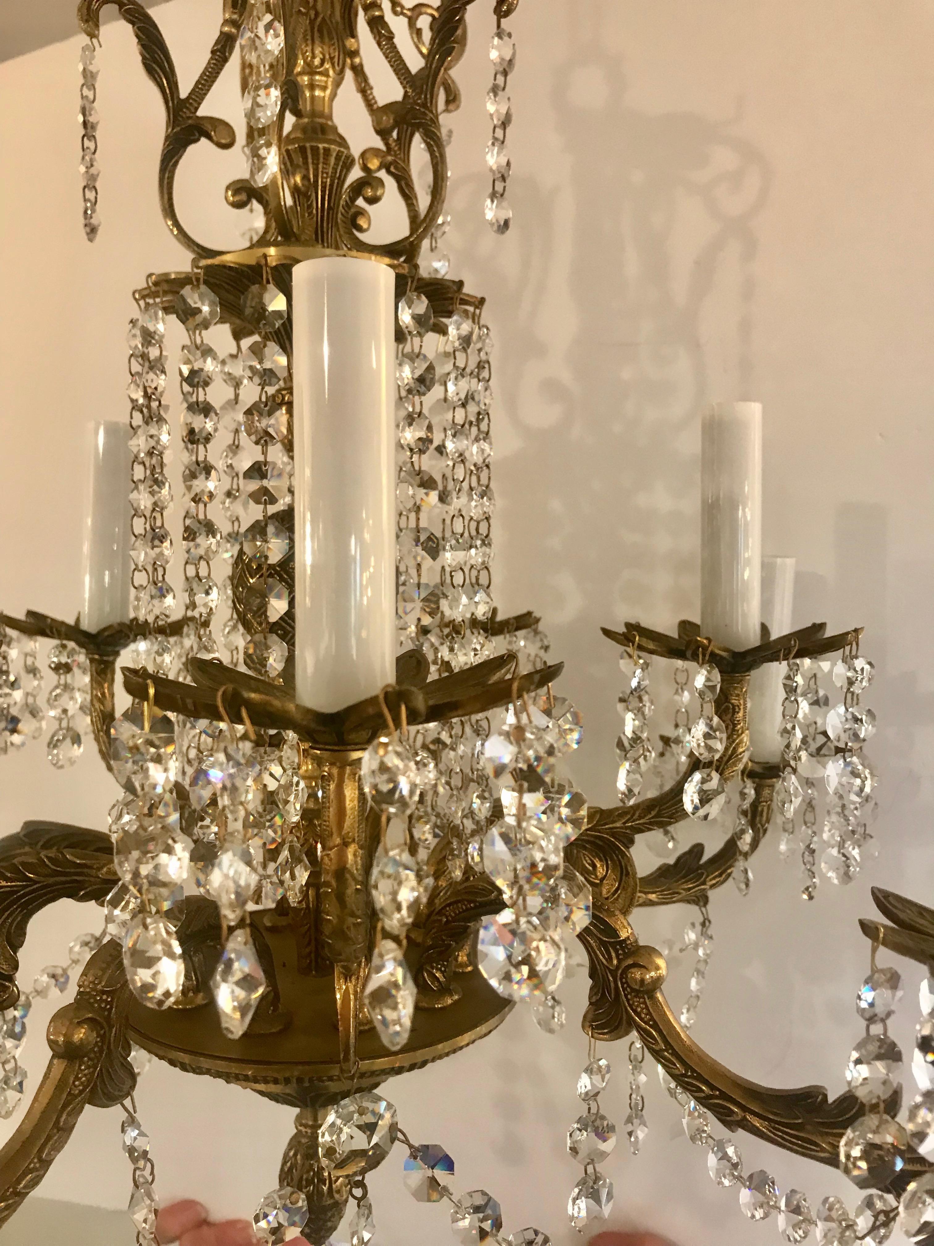 Mid-20th Century Large Romantic Vintage Spanish Brass and Crystal Chandelier