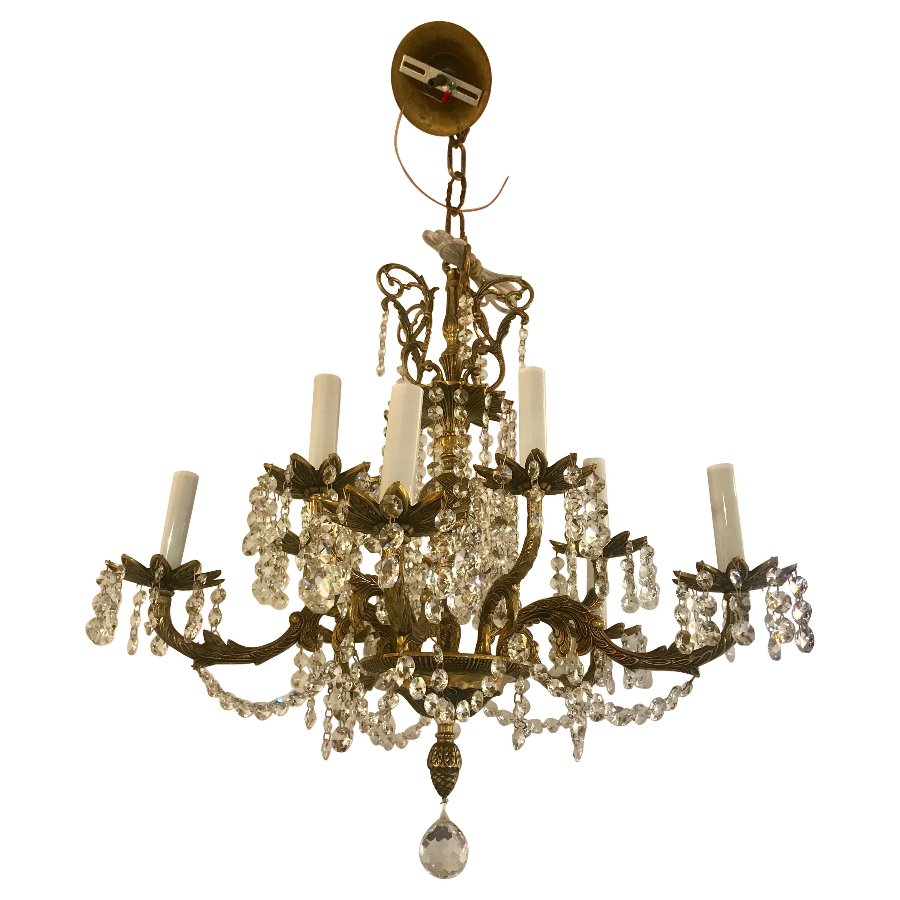 Large Romantic Vintage Spanish Brass and Crystal Chandelier