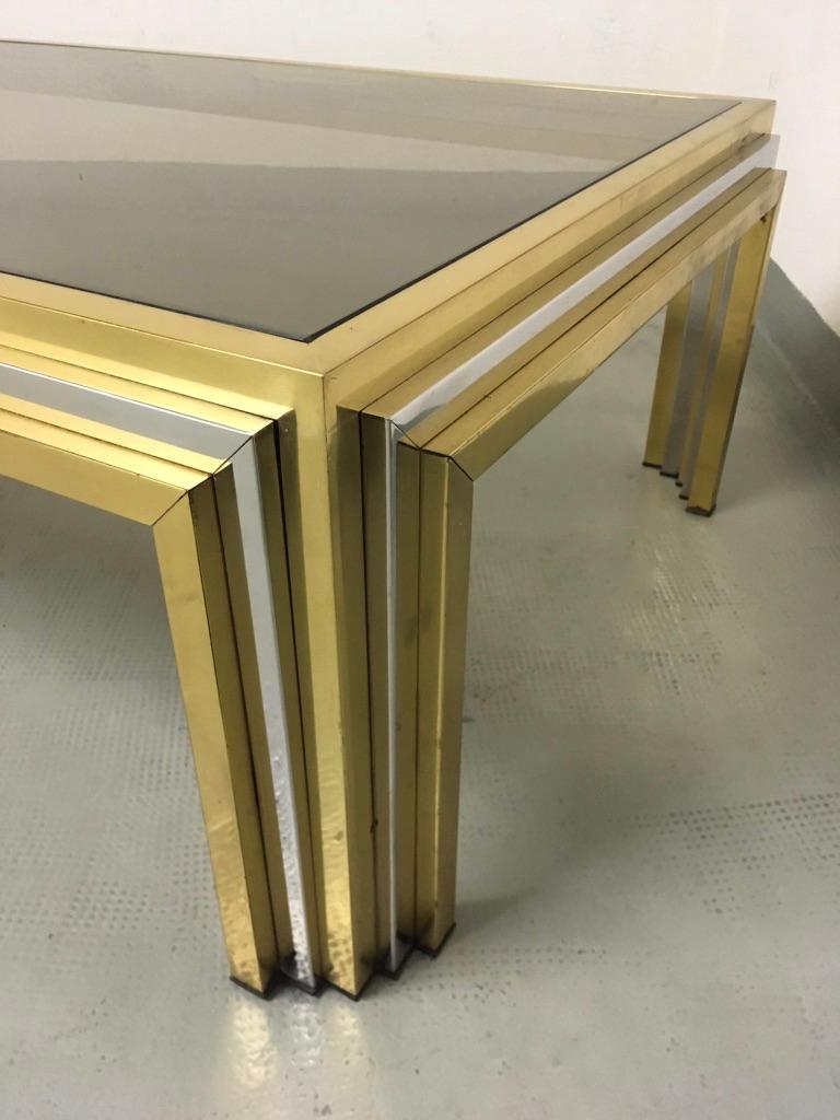 Italian Large Romeo Rega Brass, Chrome and Tinted Glass Coffee Table, Italy, 1970s For Sale