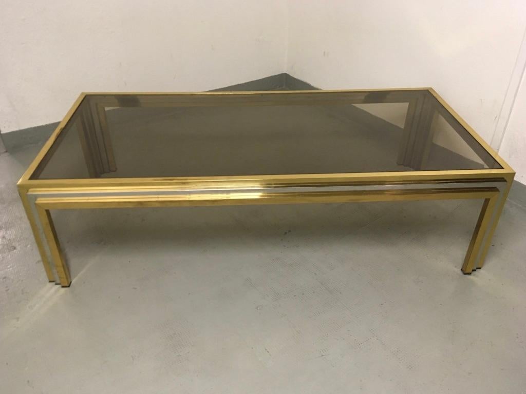 Large Romeo Rega Brass, Chrome and Tinted Glass Coffee Table, Italy, 1970s In Good Condition For Sale In Geneva, CH