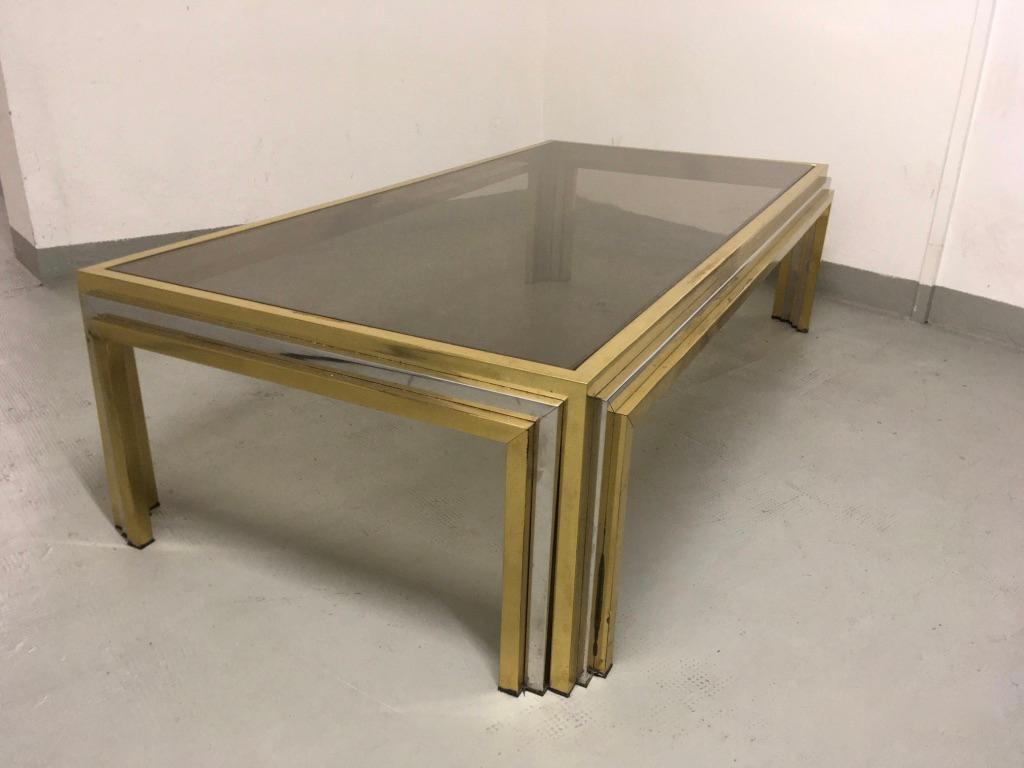 Late 20th Century Large Romeo Rega Brass, Chrome and Tinted Glass Coffee Table, Italy, 1970s For Sale