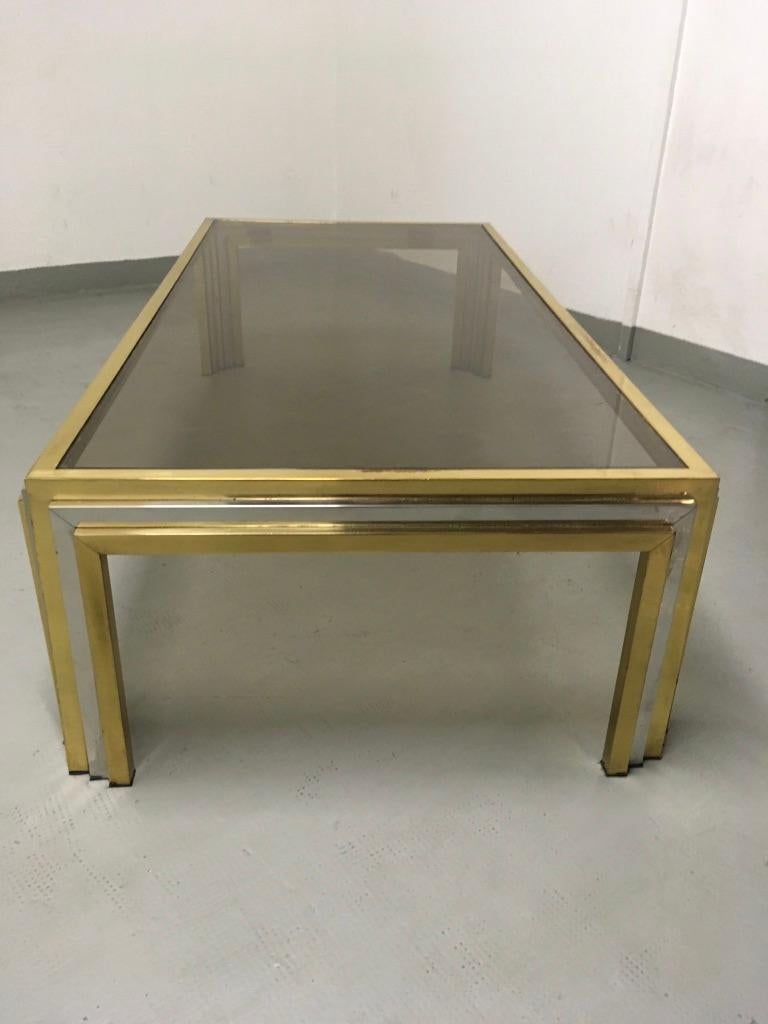 Large Romeo Rega Brass, Chrome and Tinted Glass Coffee Table, Italy, 1970s For Sale 1